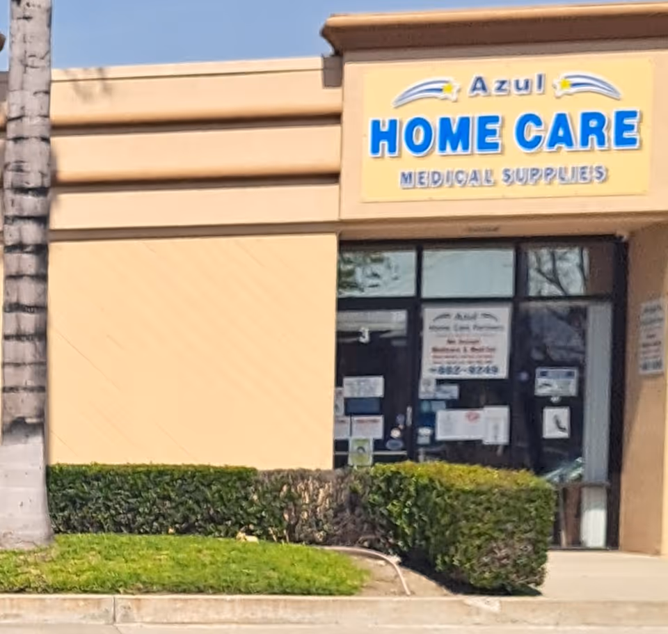Front view of Azul Home Care Partners storefront with medical supplies sign.