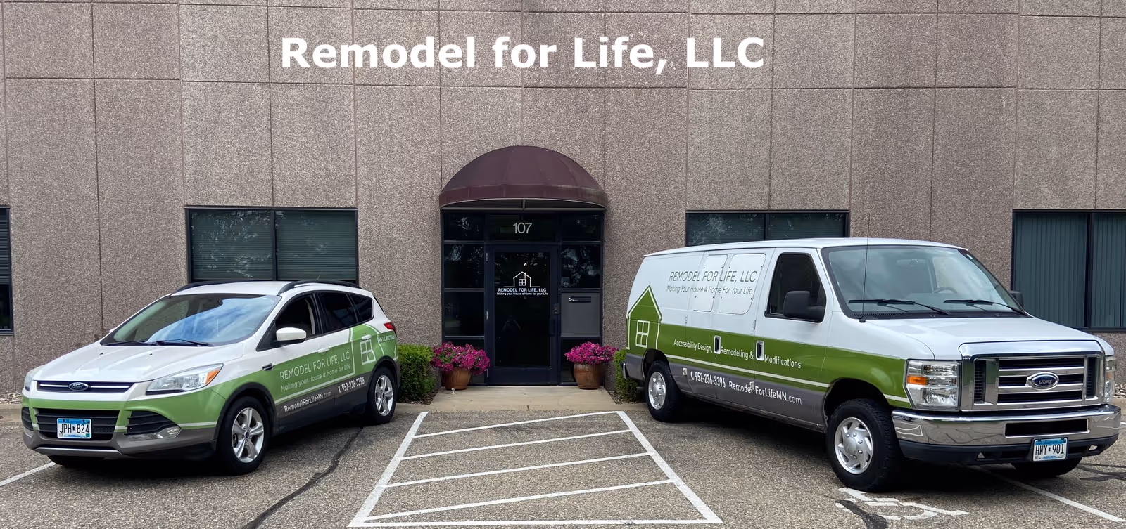 Exterior view of Remodel for Life, LLC building with branded car and van parked out front