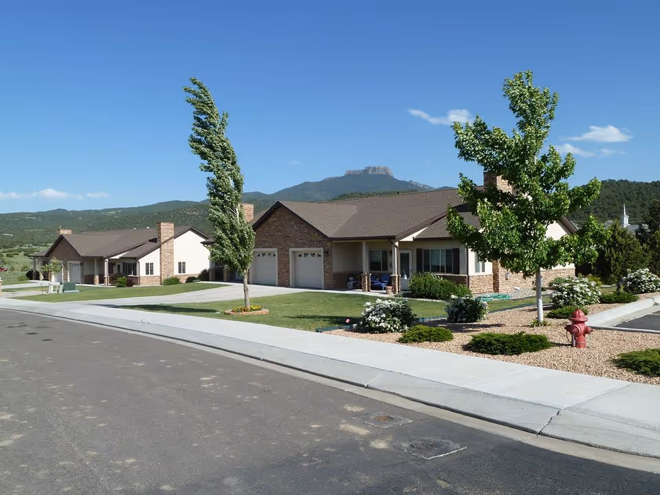 A row of single-story ranch-style homes with garages and landscaped yards along a paved street and mountains in the background.