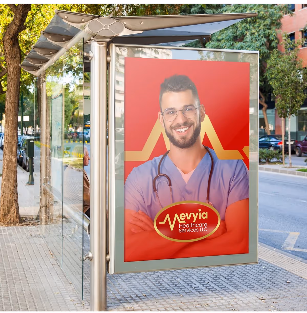 Outdoor bus stop shelter featuring a red Mevyia Healthcare Services advertisement.