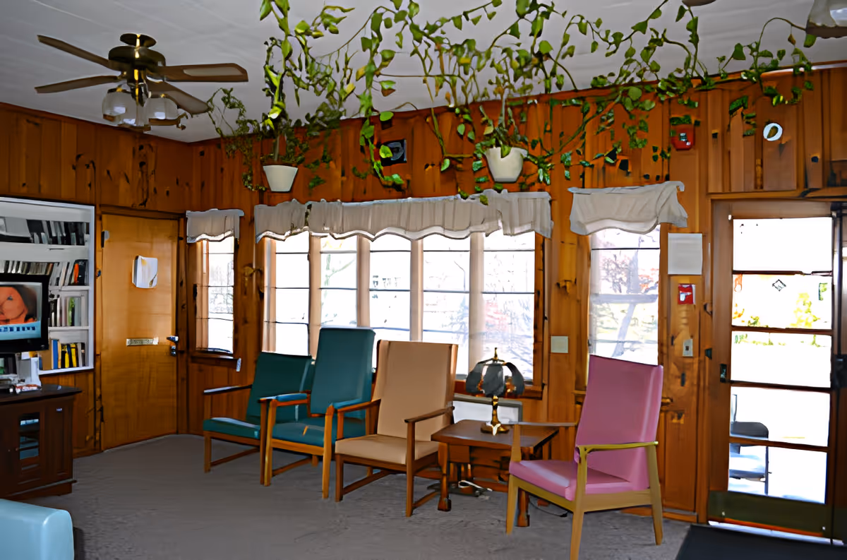 A cozy room with wooden paneled walls and large windows letting in natural light. The room features a ceiling fan with lights, several colorful armchairs arranged along the wall, a small wooden side table with a decorative lamp, hanging potted plants with trailing vines, and a television on a stand with shelves containing books and other items.