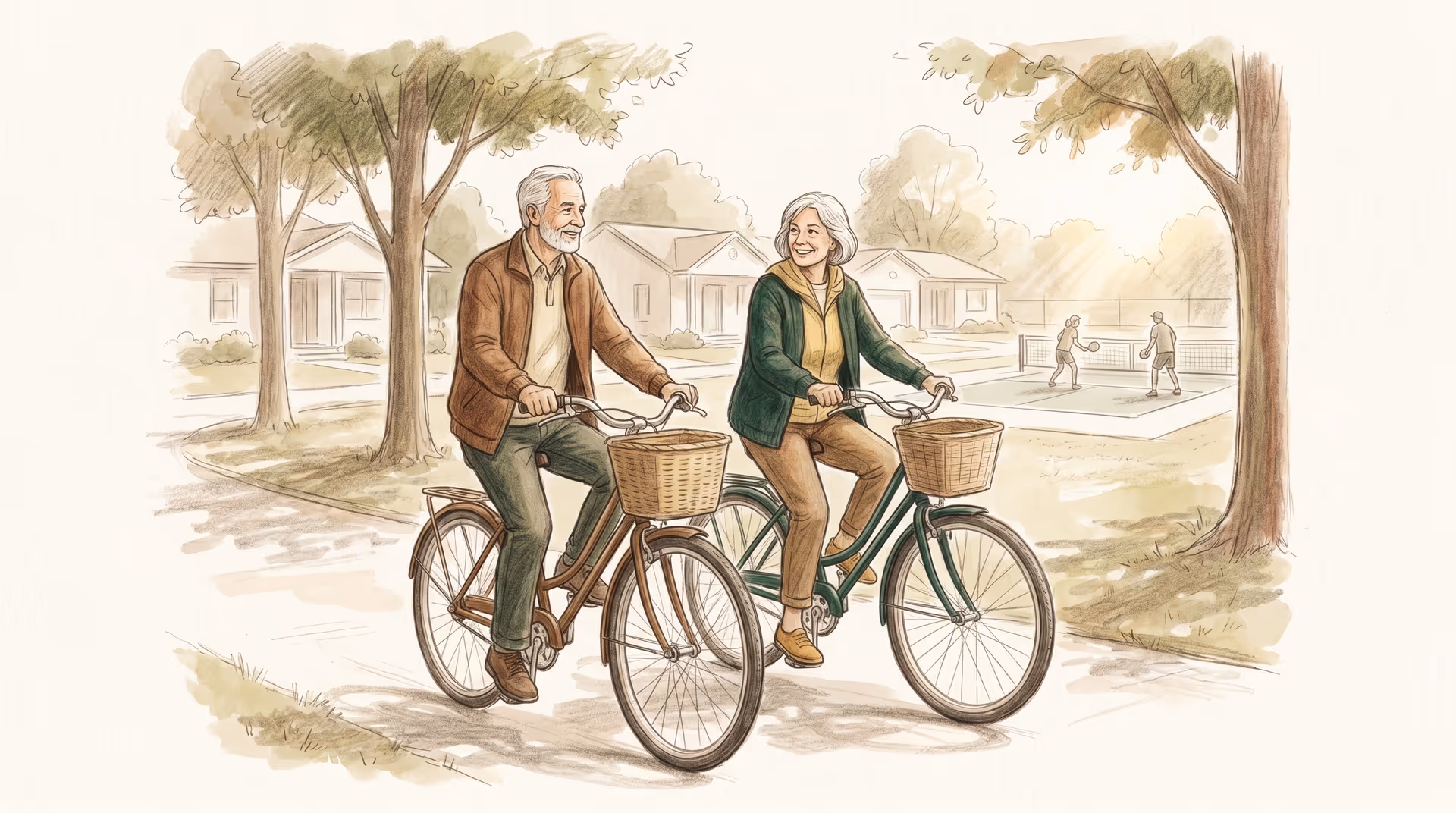 Illustration of a 55+ active adult community with homes and shared amenities
