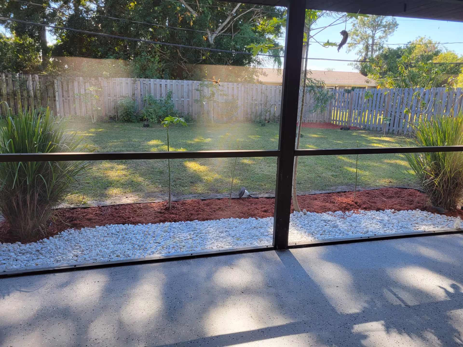 Screened porch view of a backyard with fence, mulch border, and grassy lawn.