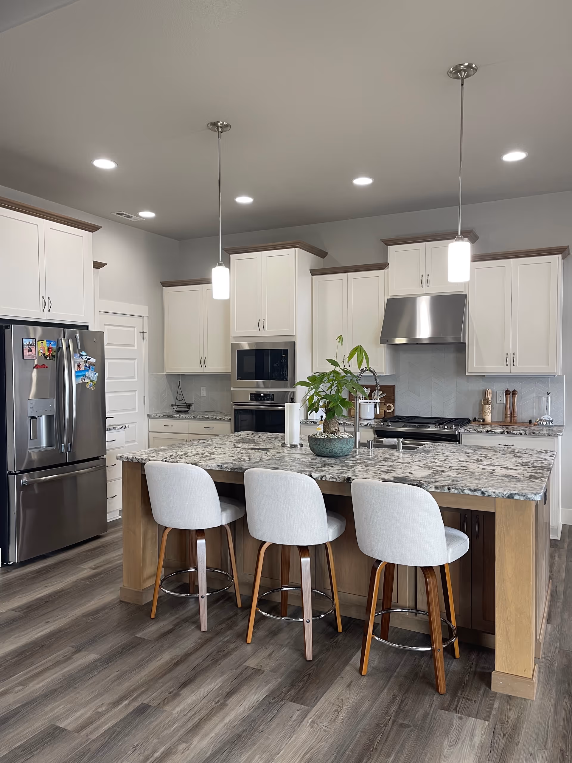 Modern kitchen with granite island, white cabinets, stainless appliances, and a potted plant.