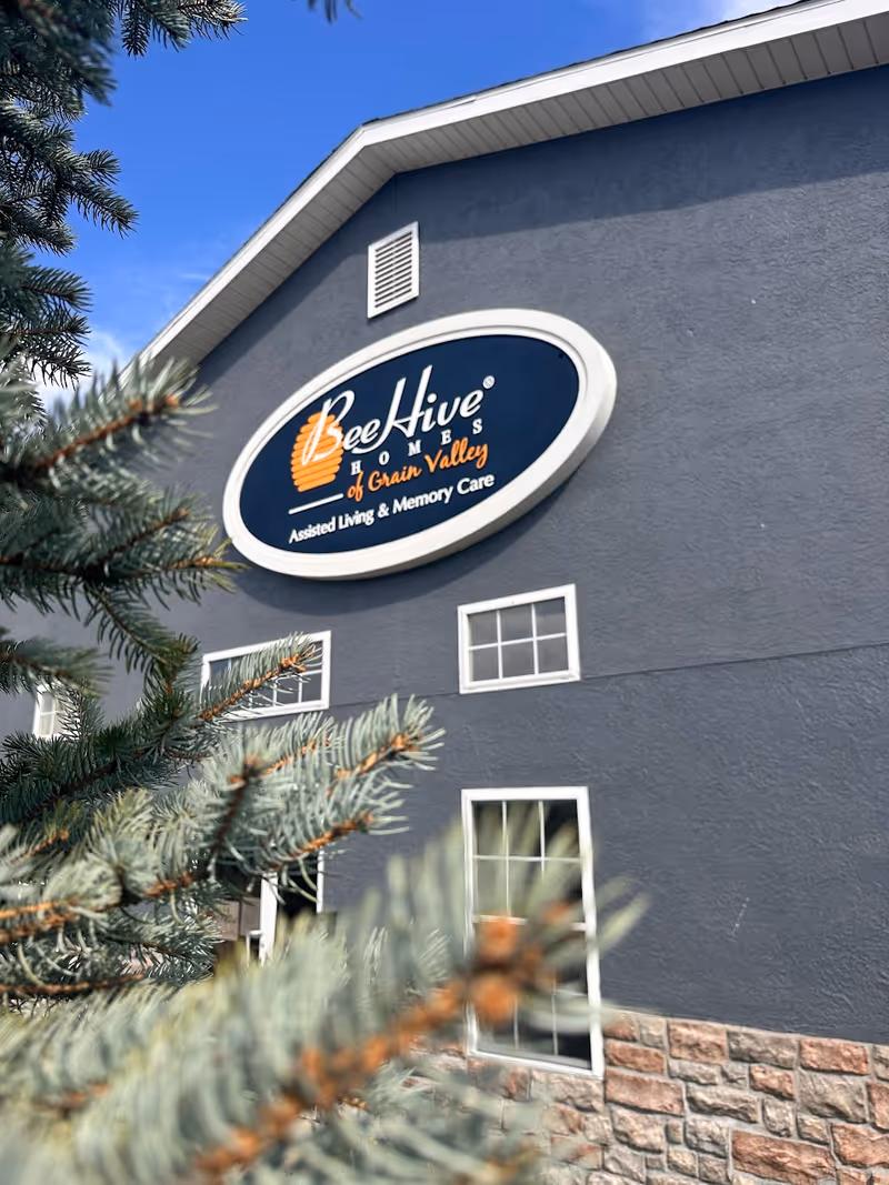 Exterior view of a gray building with a sign that reads 'BeeHive Homes of Grain Valley Assisted Living & Memory Care'. The building has white-framed windows and a stone base. Pine tree branches are visible in the foreground.