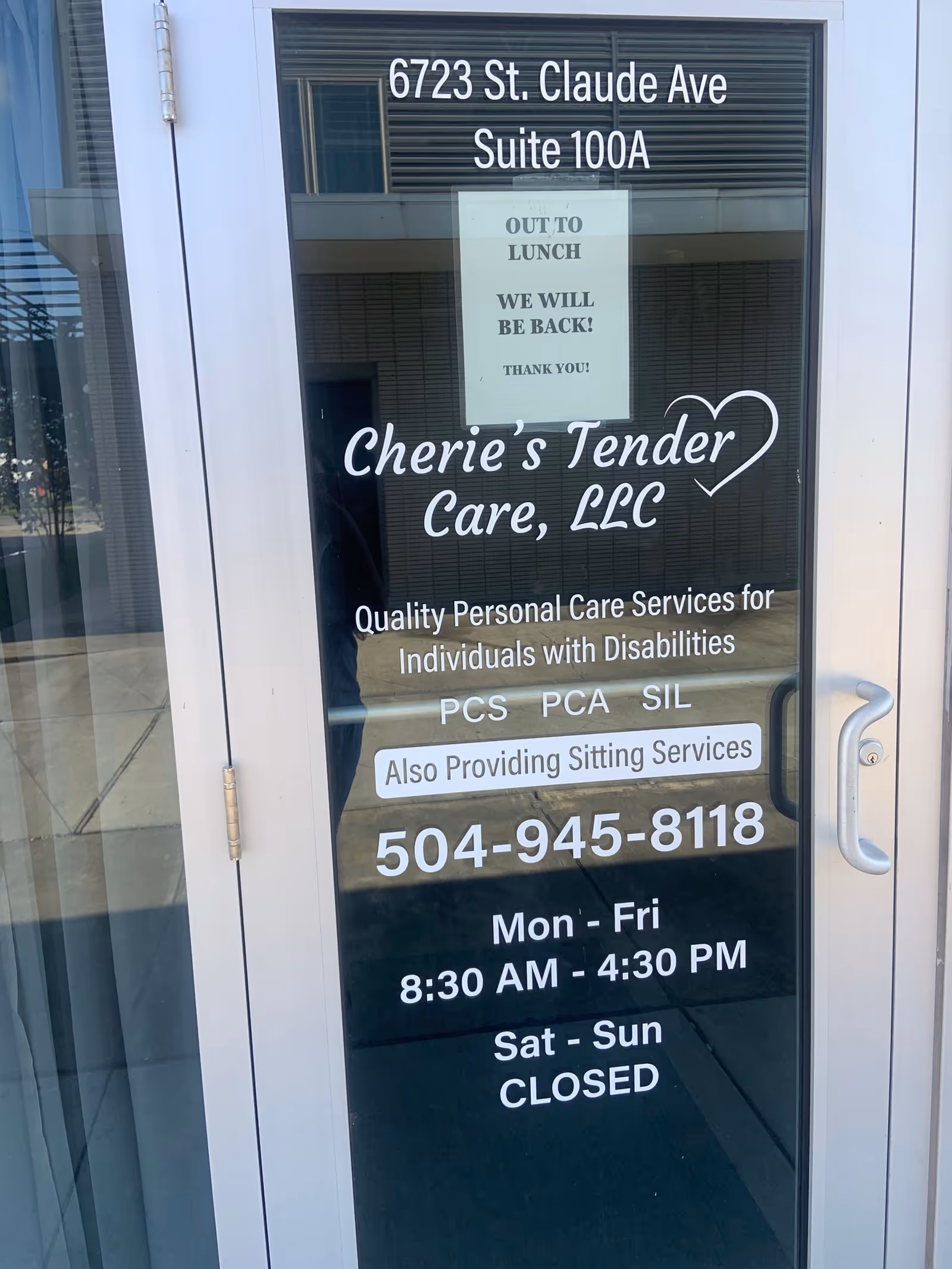 Front glass door features Cherie's Tender Care LLC signage and operating hours.