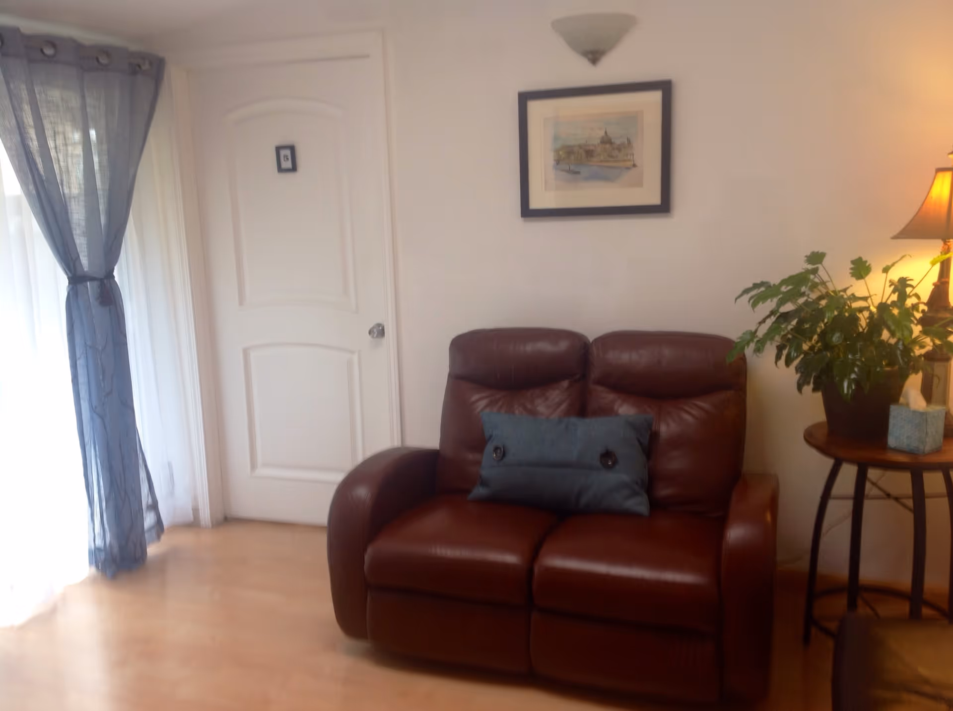 Brown leather loveseat in a bright living room with a blue pillow, framed artwork, a side table with a plant and lamp, and a curtained sliding door.