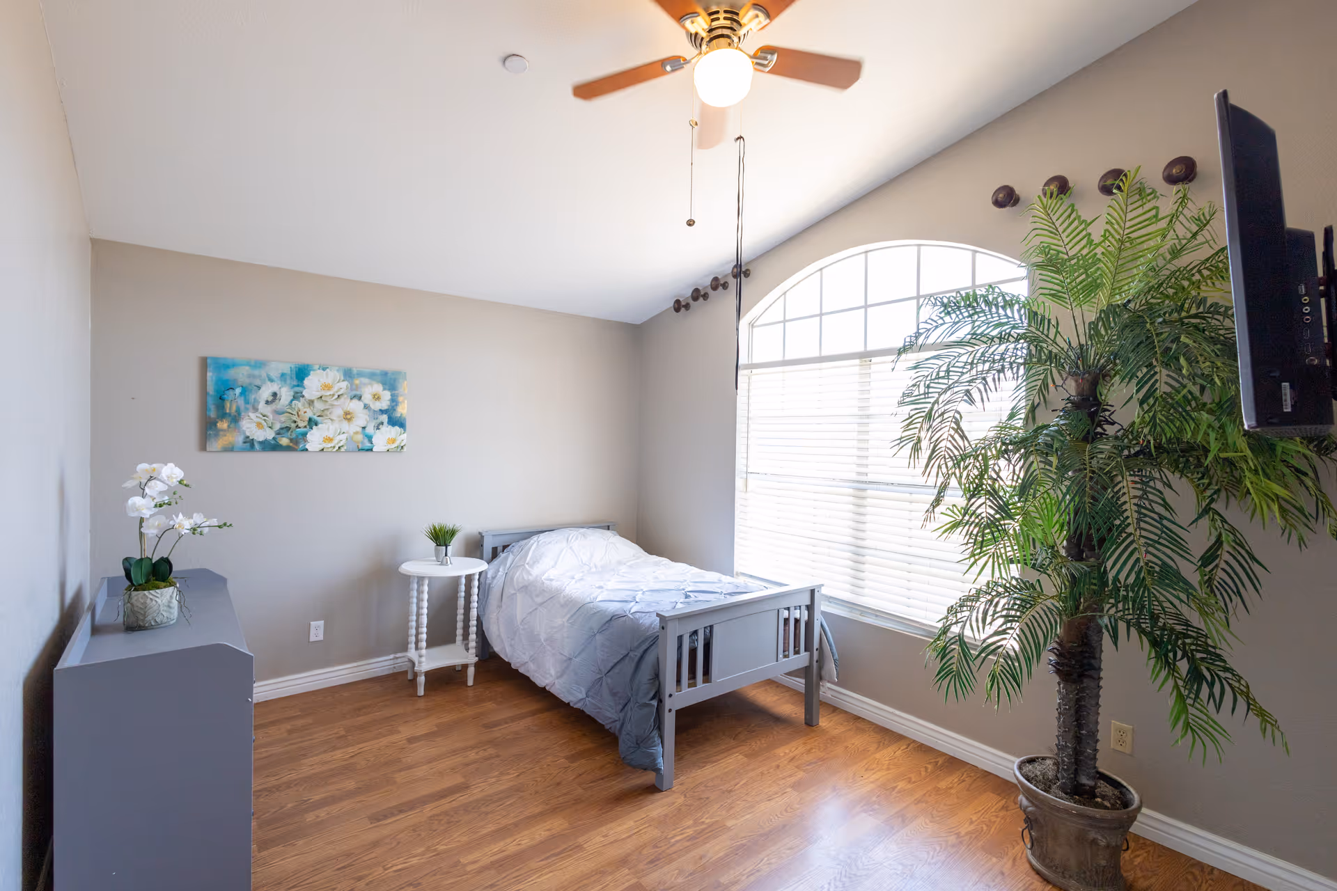 A small bedroom in a senior living facility with a bed, nightstand, dresser, and arched window.