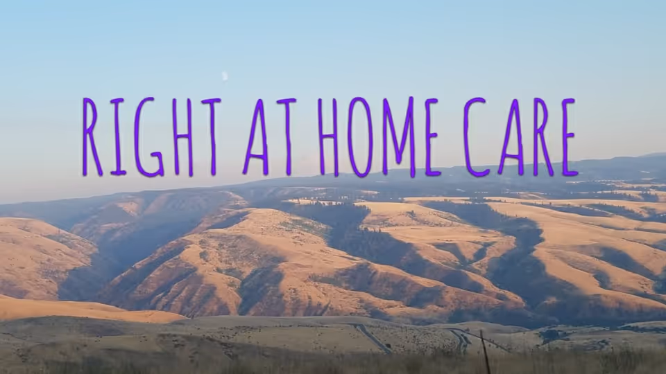 Right at Home Care logo overlay on a panoramic hillside landscape