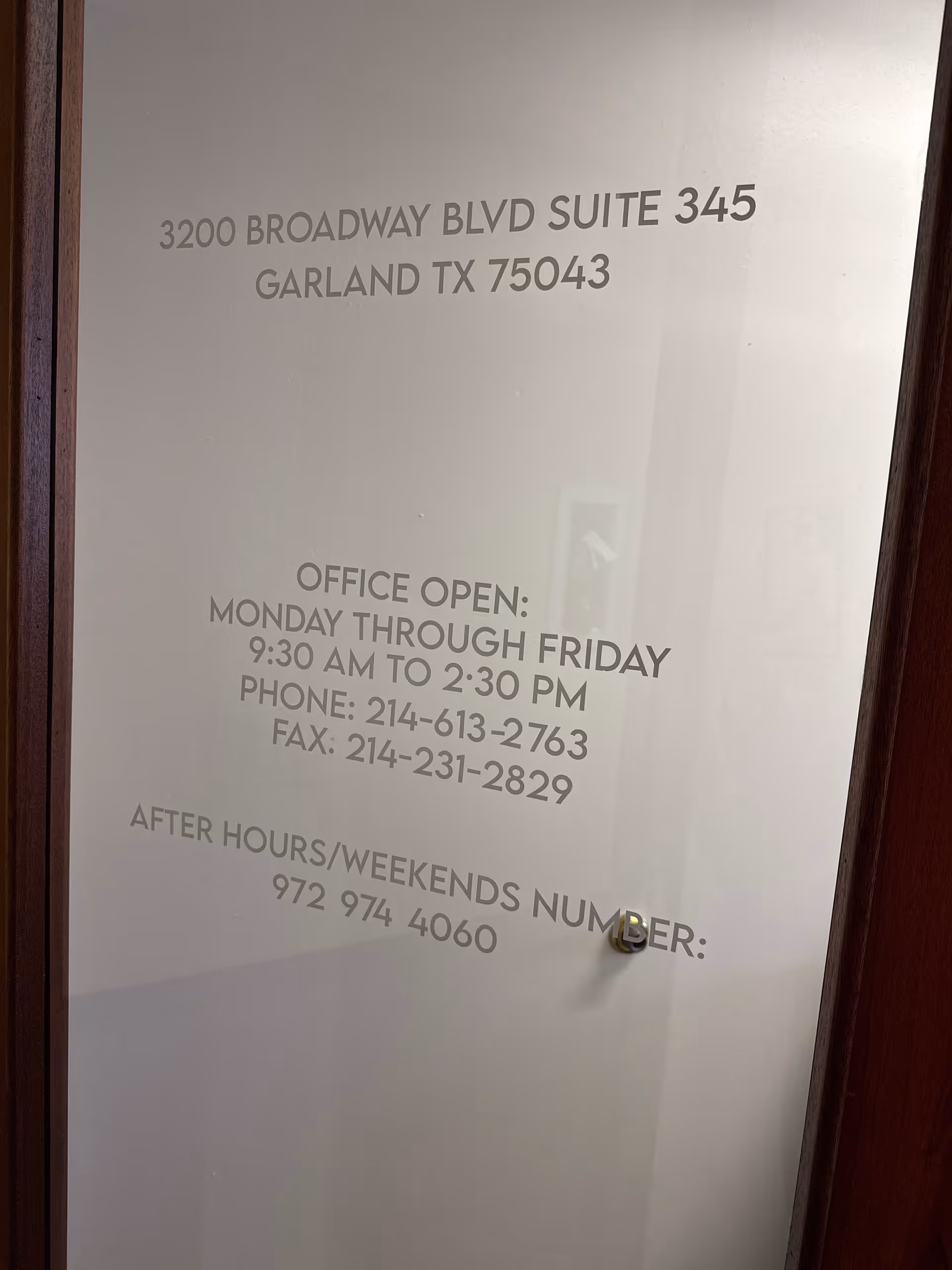 Frosted glass door with address, hours, and contact information for Best Choice Home Care.