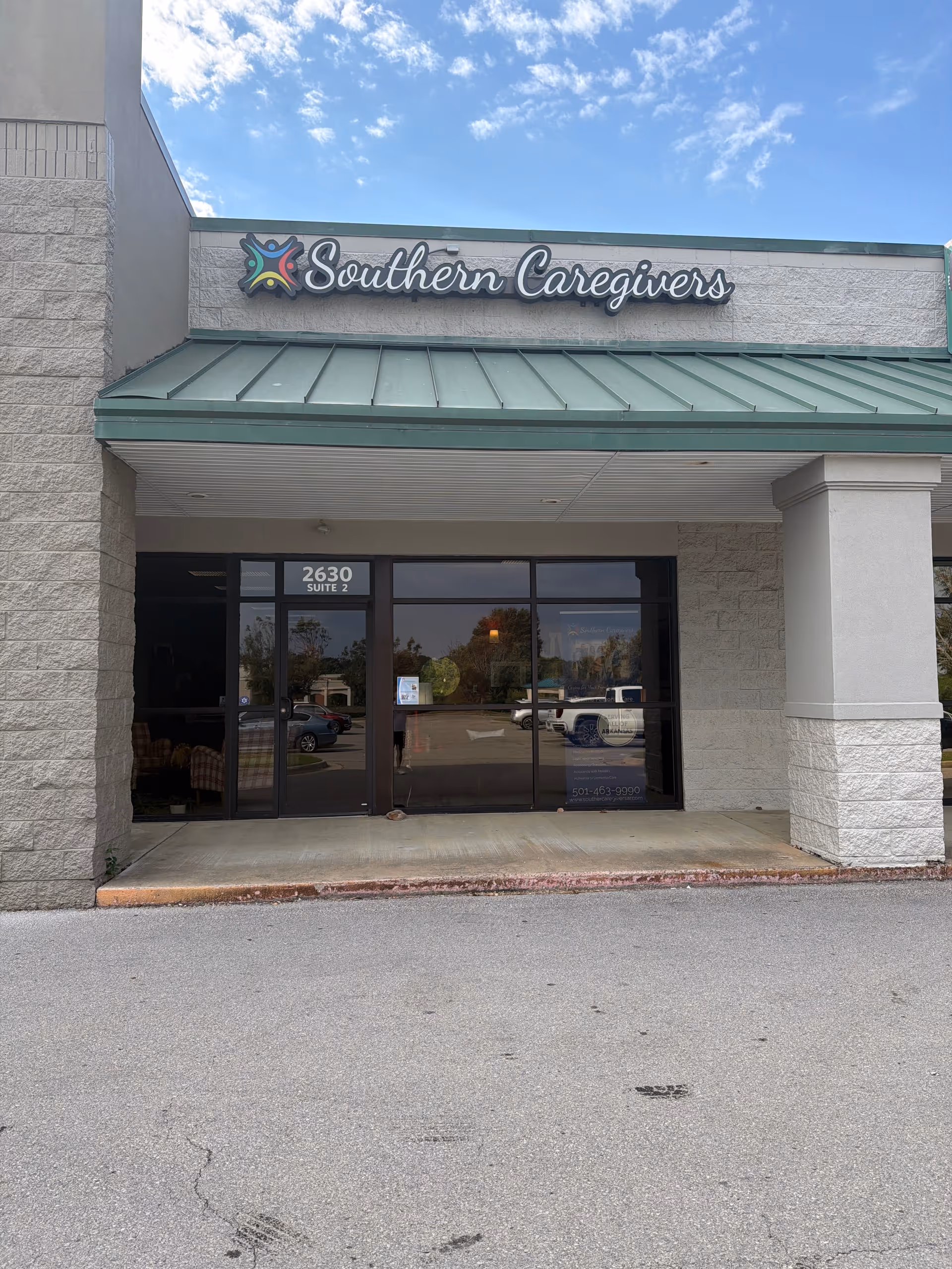 Front exterior of a building with a sign reading Southern Caregivers.