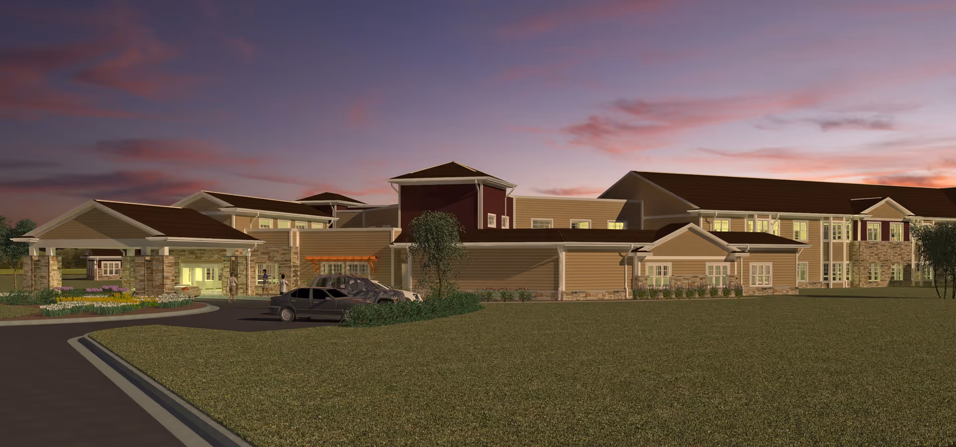 Exterior view of Oak Park Place Green Bay building with driveway and landscaping.