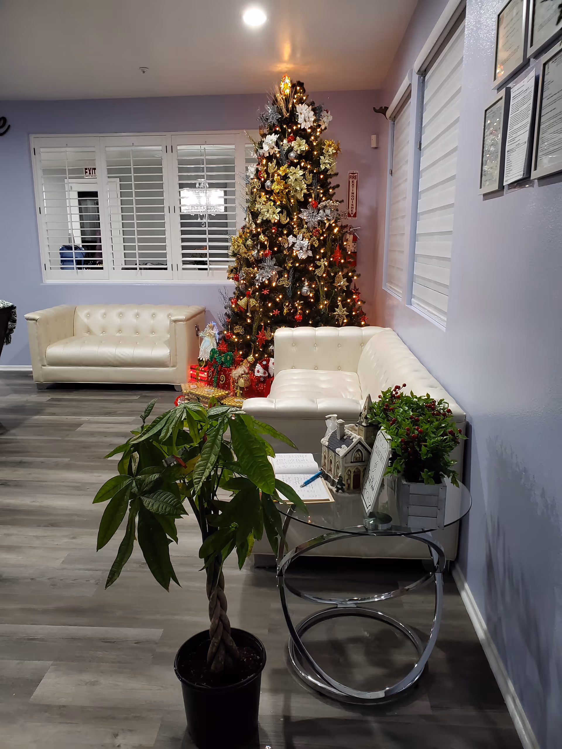 Senior living facility lounge featuring a decorated Christmas tree and white sofas.