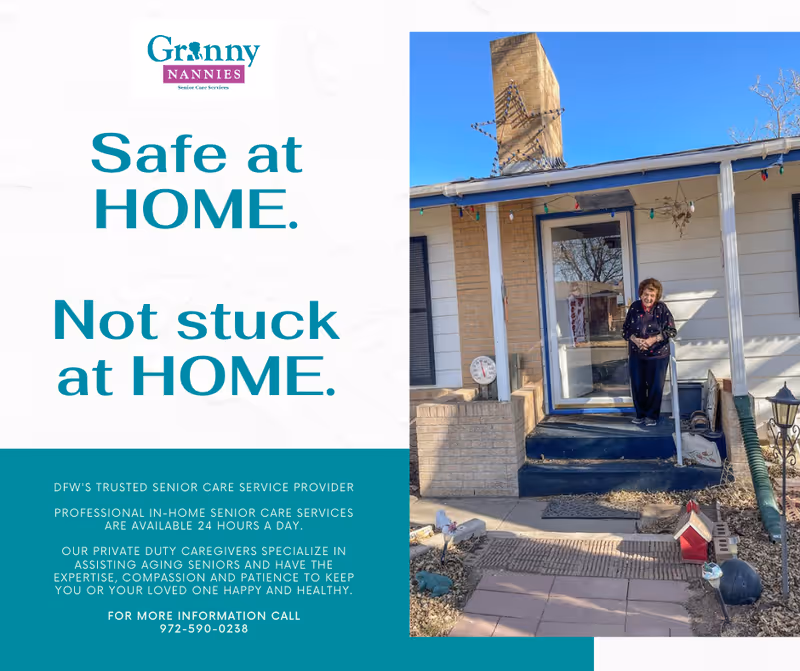 Poster showing a home exterior with an elderly woman on the porch beside text.