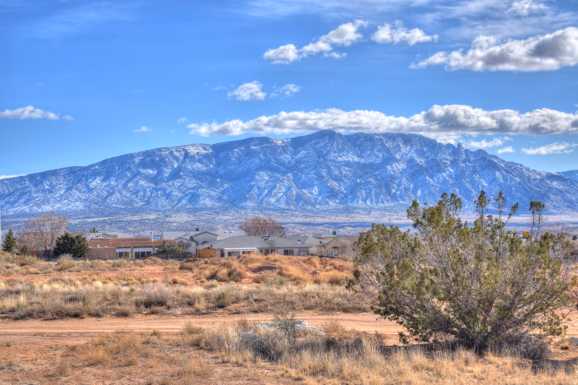 Desert landscape with distant homes, arid brush, and snow-covered mountains under blue sky.