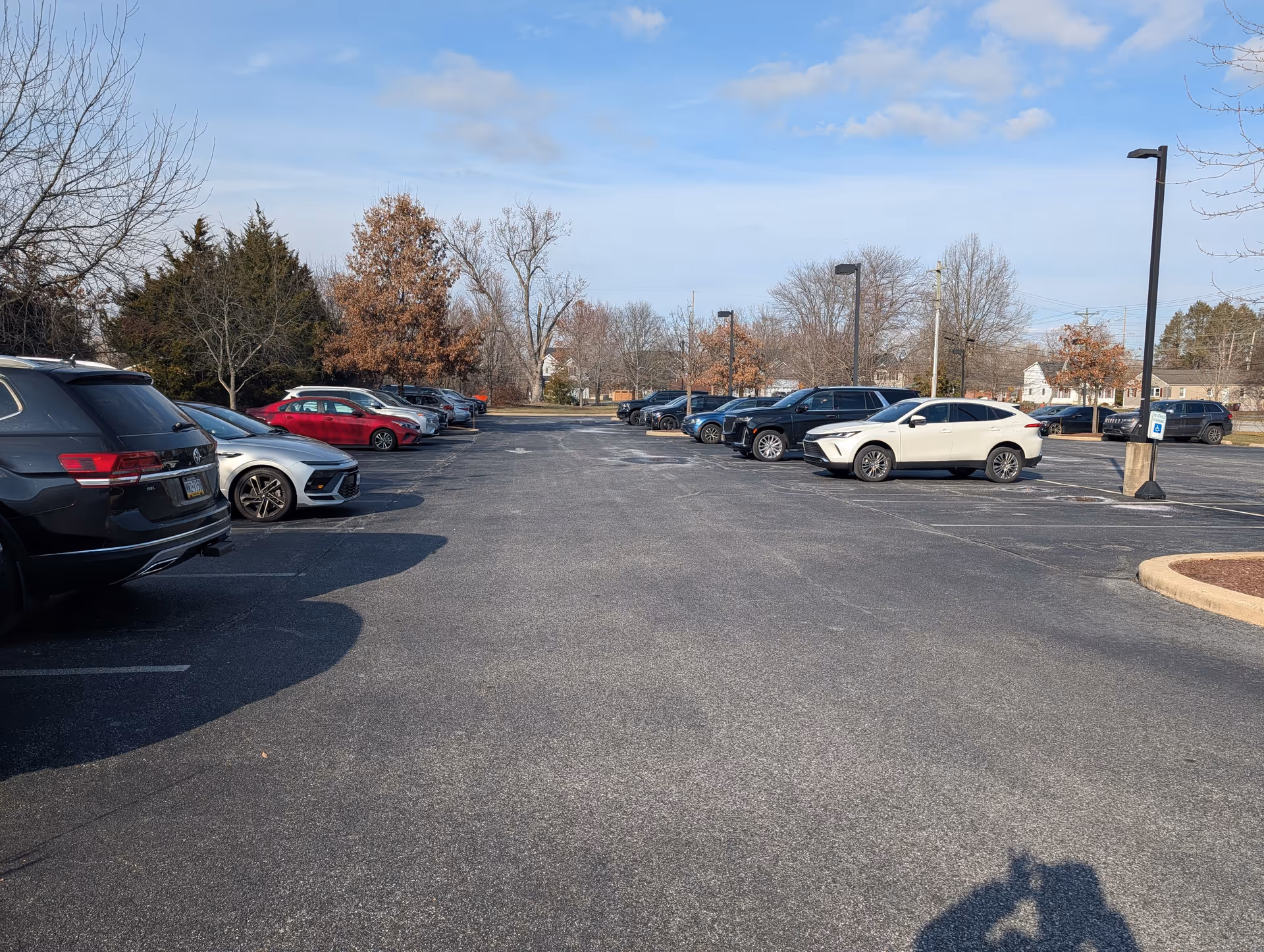 A spacious parking lot with parked cars and leafless trees under blue sky.