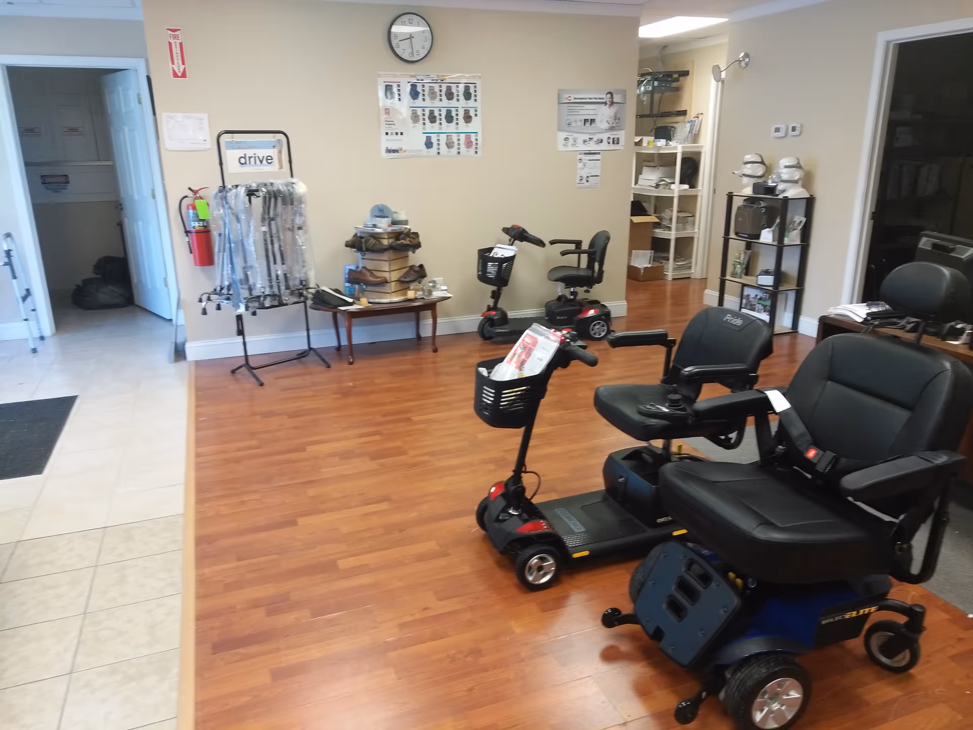 MSA home medical equipment showroom interior with mobility scooters, walkers, and shelves.
