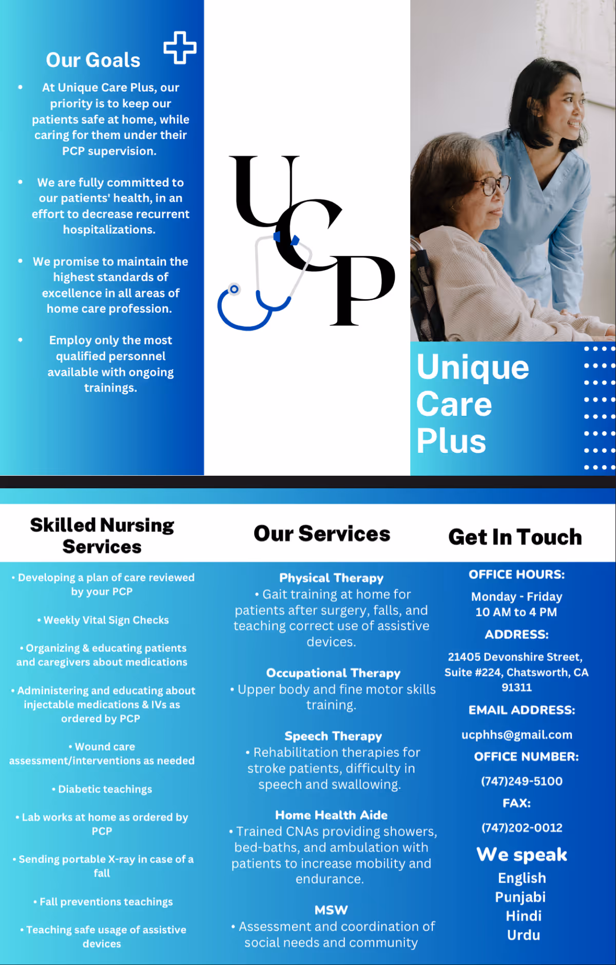 A tri-panel promotional brochure for Unique Care Plus Home Health Agency featuring staff and elderly client.