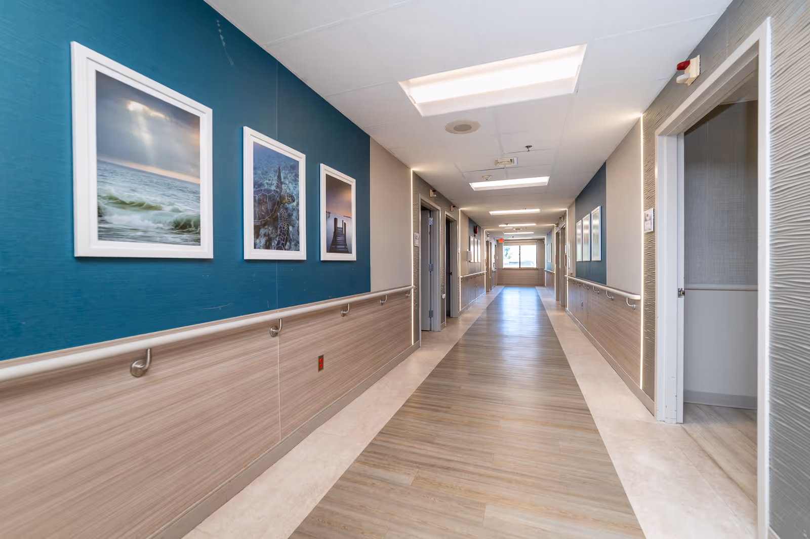 A well-lit, clean hallway in a senior living facility with wood-patterned flooring and beige walls. The left wall features a teal accent with three framed pictures of ocean and nature scenes. Handrails run along both sides of the hallway, and several doorways are visible along the corridor. The ceiling has recessed lighting panels.