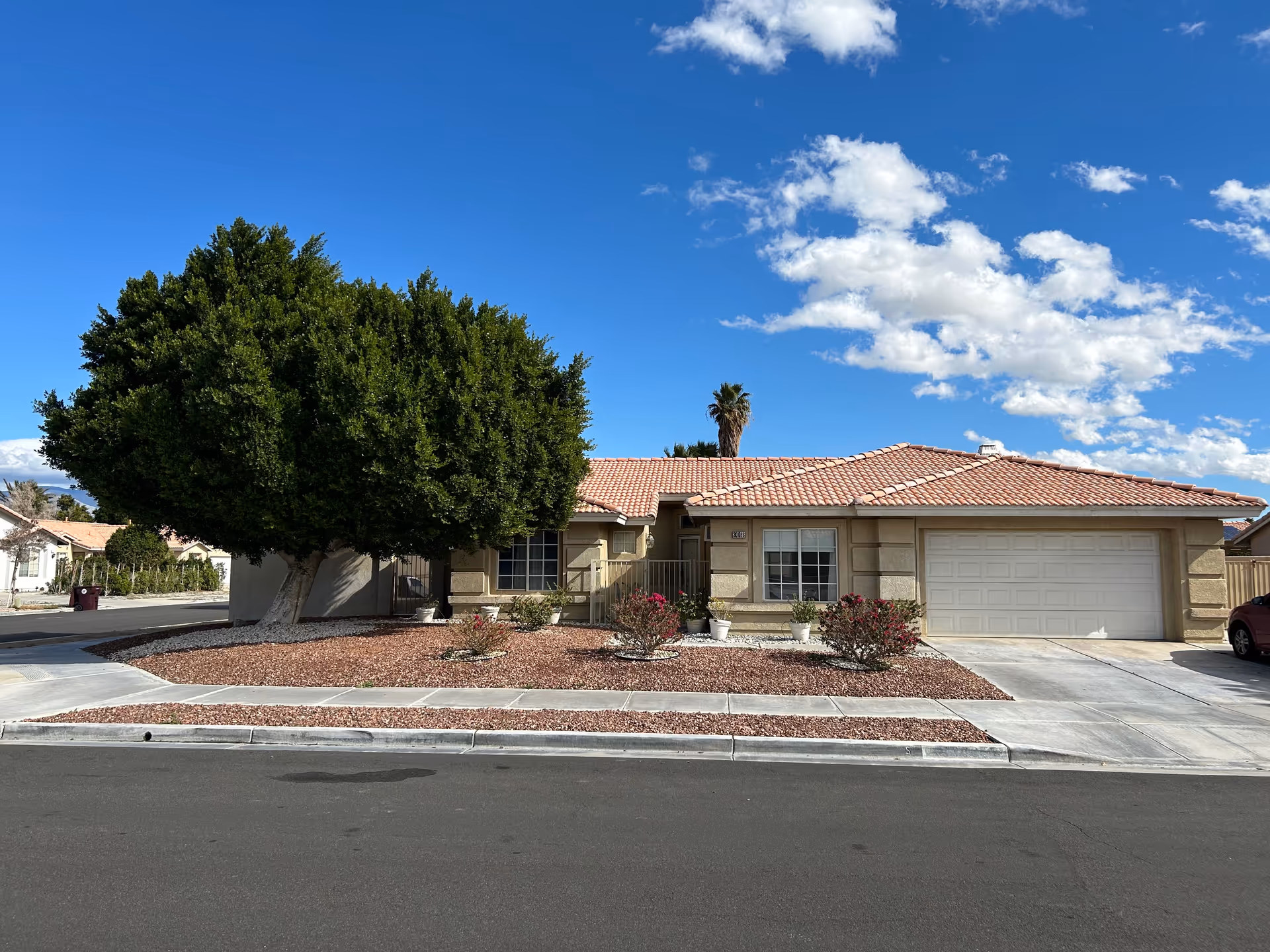 Front view of AMPM Comfort Care, Inc. senior living facility with a driveway, tree, and landscaping.