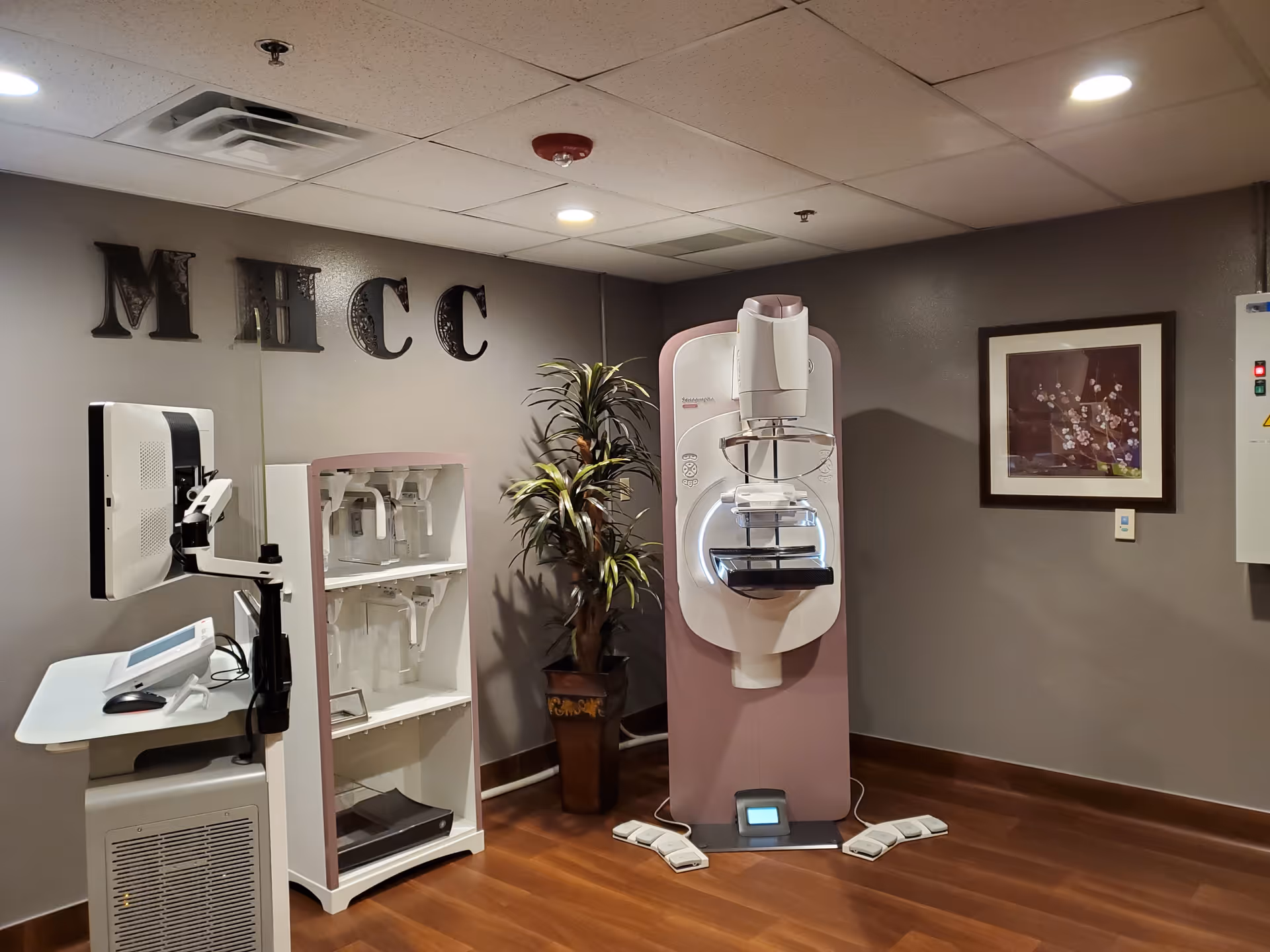 Radiology room with a mammography unit, computer, shelves, and a potted plant.