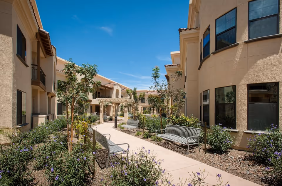 Outdoor courtyard area at Clearwater Agritopia with a paved walkway, metal benches, small trees, and flowering plants, surrounded by beige stucco buildings under a clear blue sky.