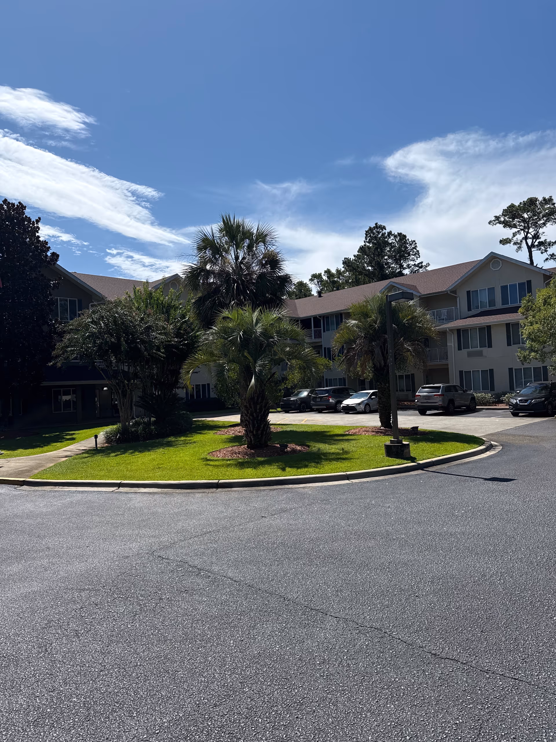 Exterior view of Cherry Laurel - Sky Active Living with a circular driveway and palm trees.