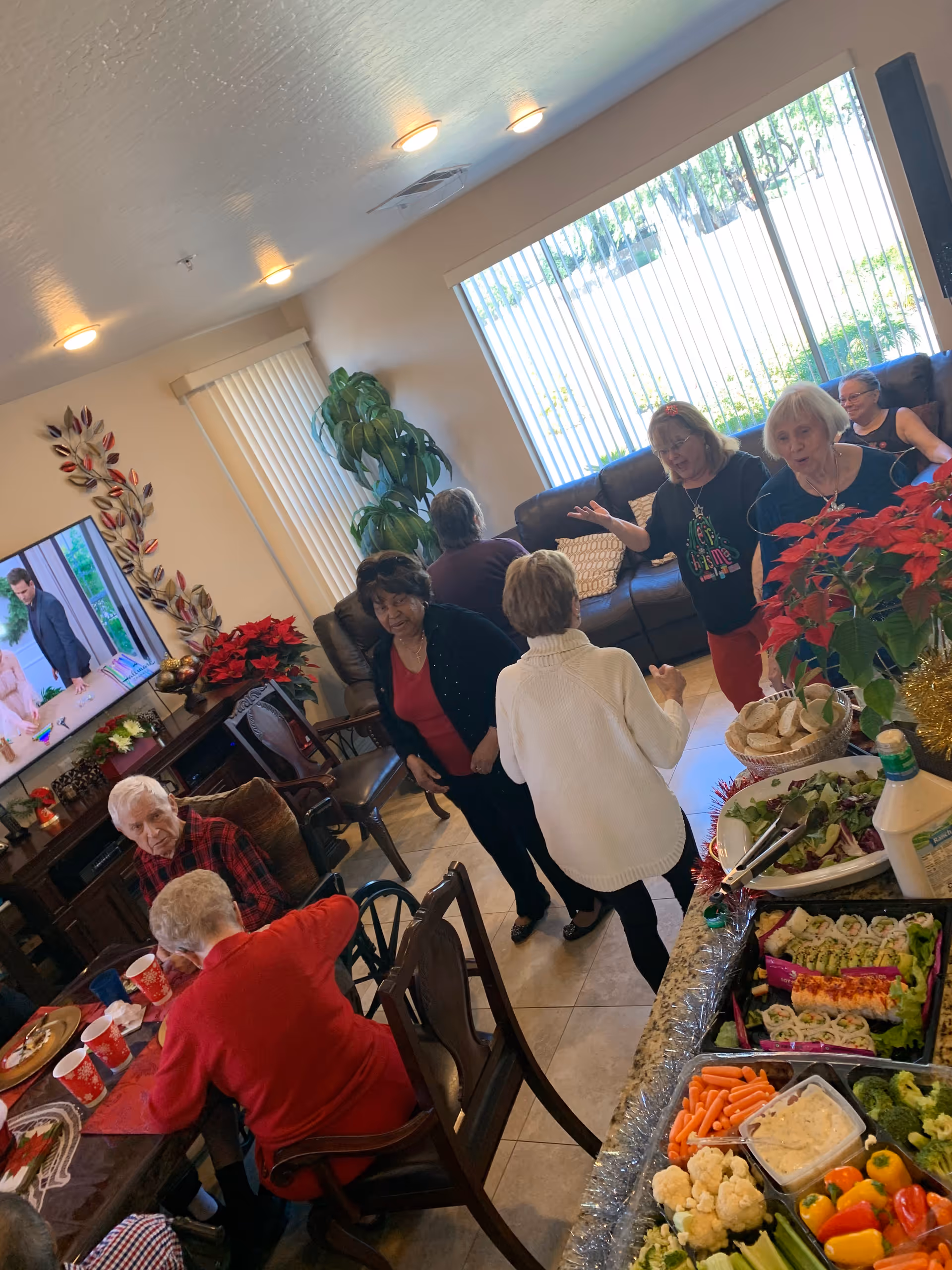A group of elderly people socializing in a living room area decorated for the holidays. There is a table with food including vegetables, sushi, salad, and bread. Some people are seated at a dining table while others stand and chat near a couch. A television is on the wall, and festive decorations like poinsettias and holiday ornaments are visible.