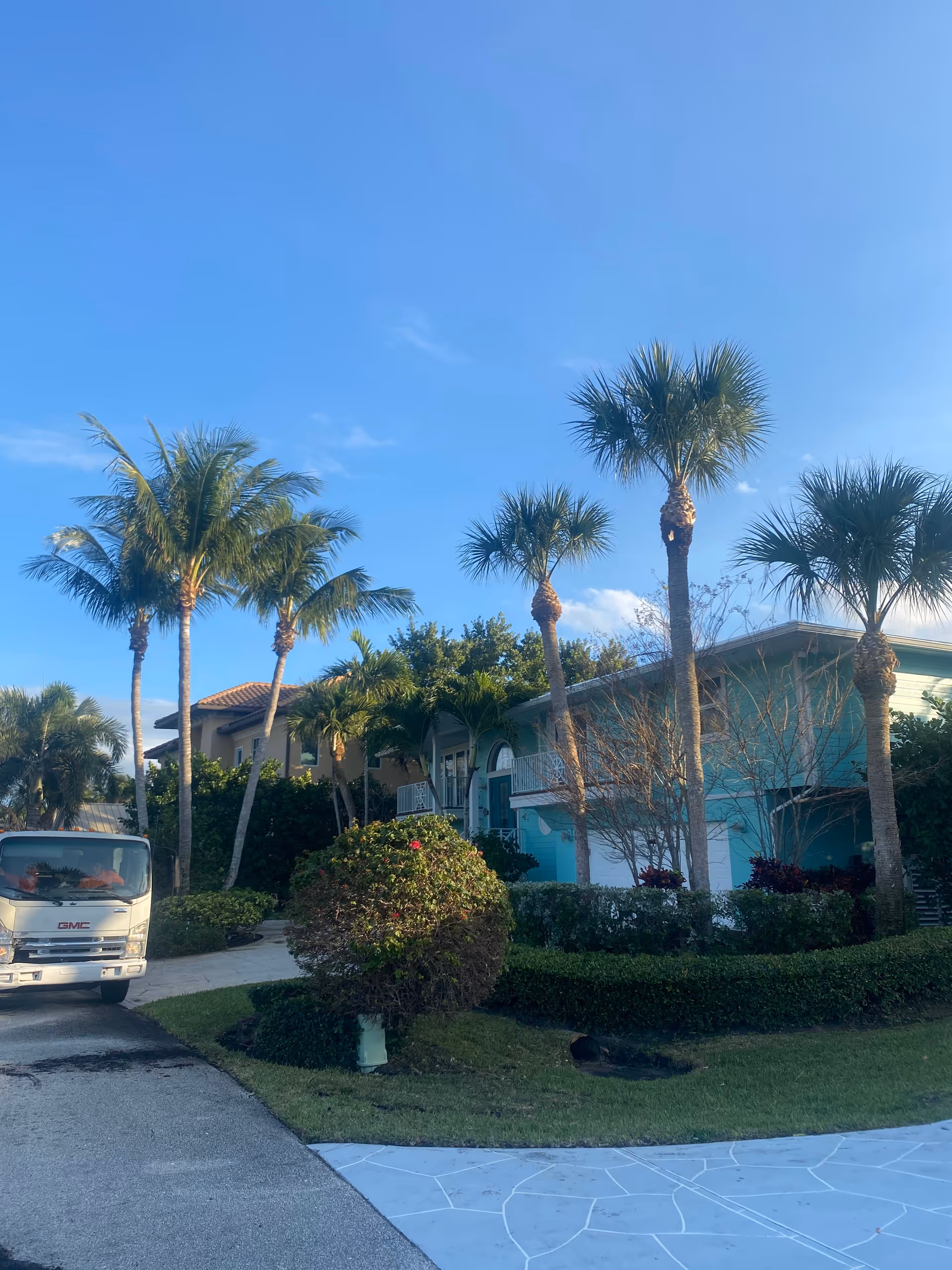 Exterior of a turquoise nursing home with palm trees and a parked bus.