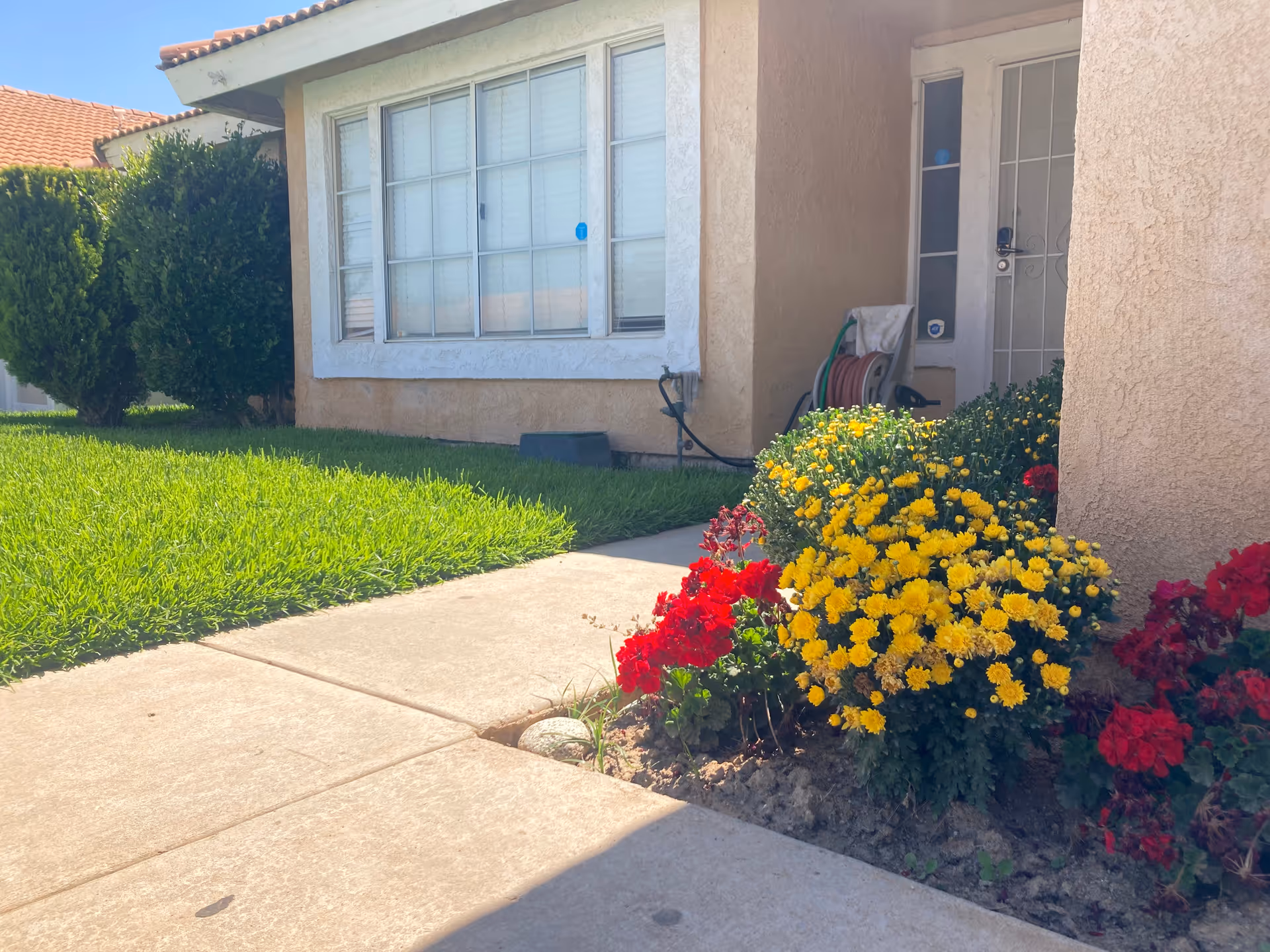 Front exterior of a beige single-story house with a large window and colorful flower bed.