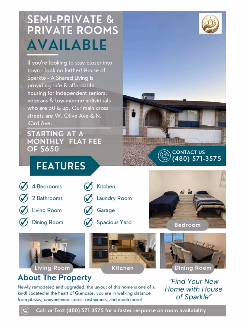 Exterior view of a senior living facility with interior room thumbnails.
