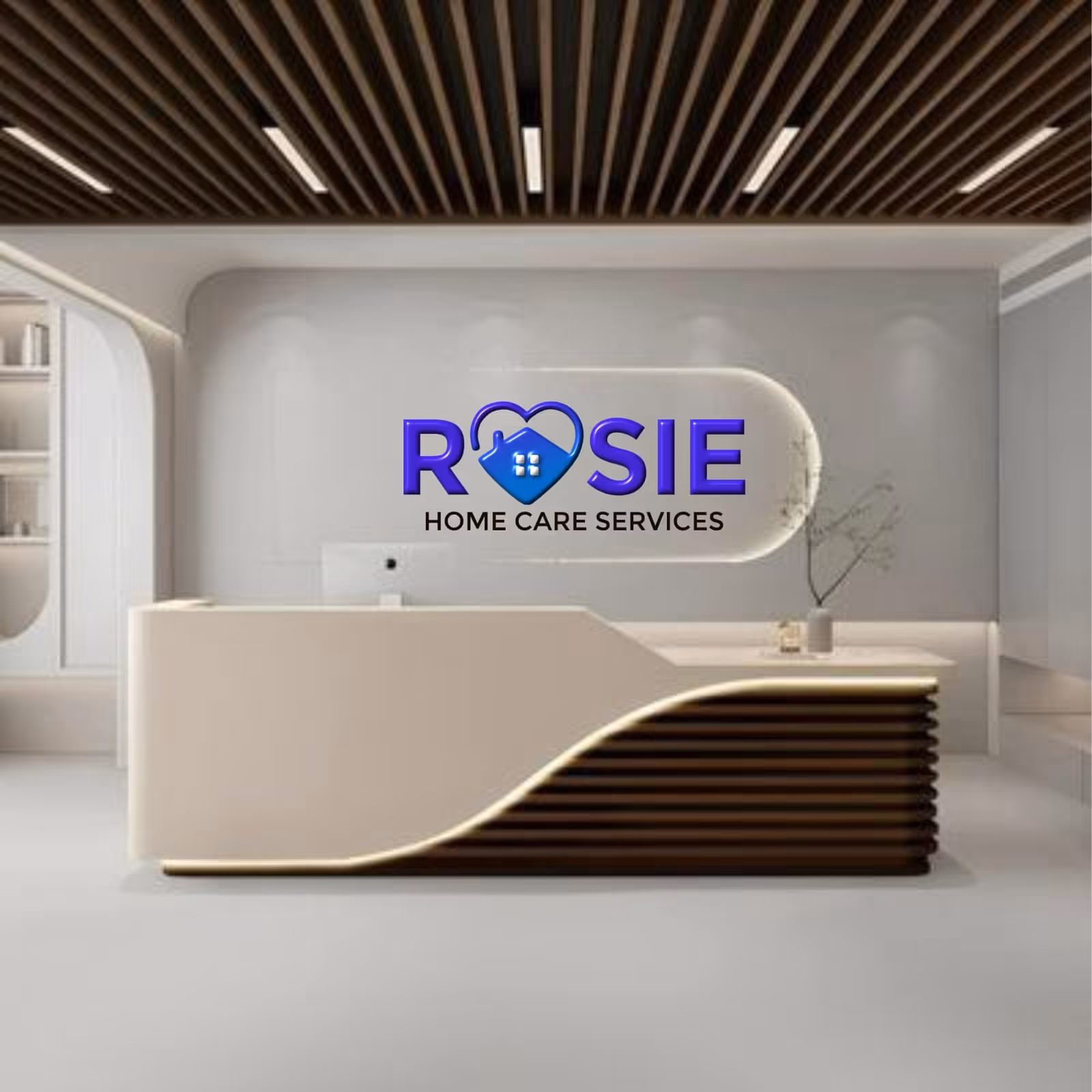 Modern reception area with curved front desk and Rosie Home Care Services logo