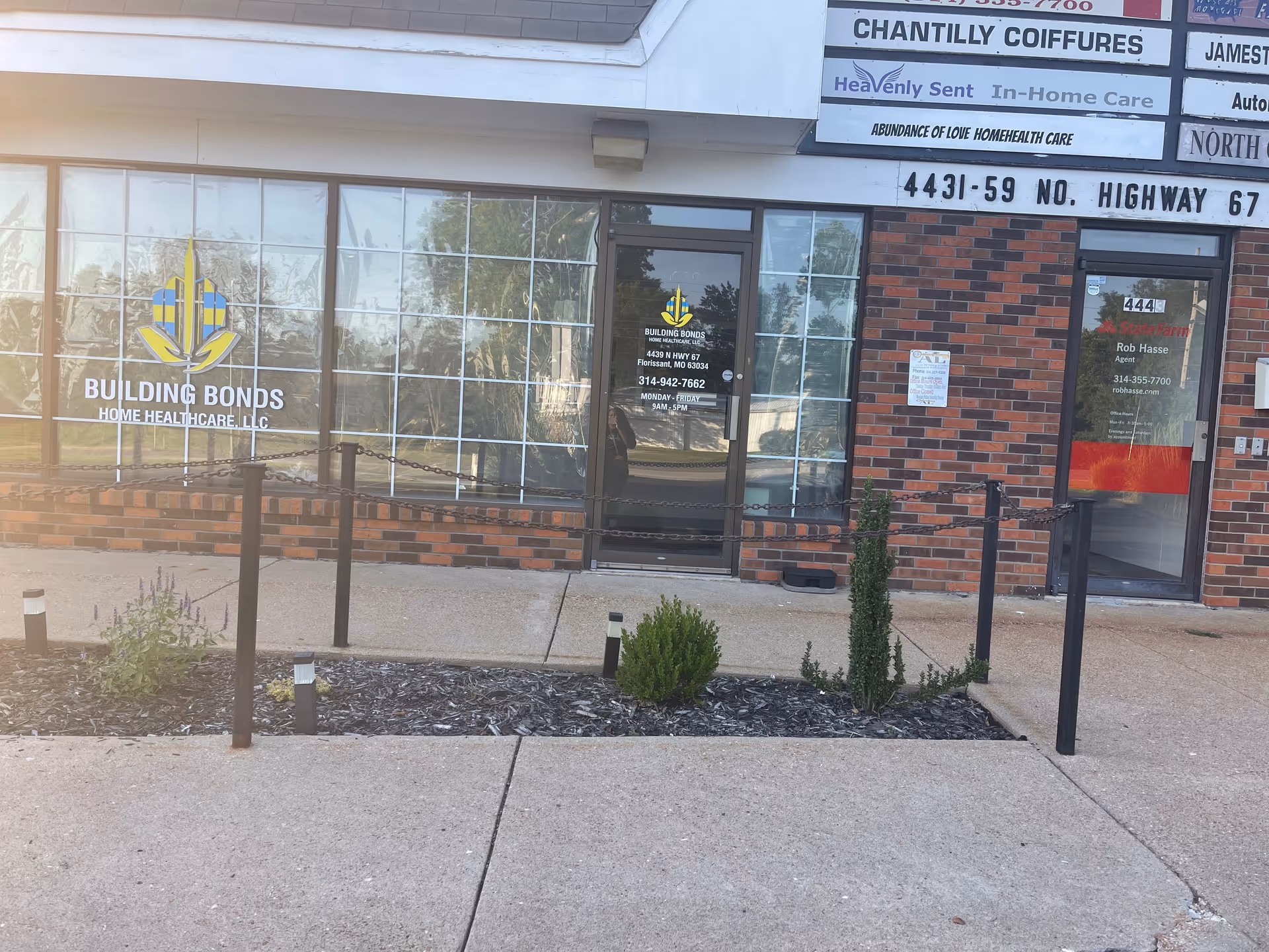Exterior storefront of Building Bonds Home Healthcare LLC with glass entrance and signage.