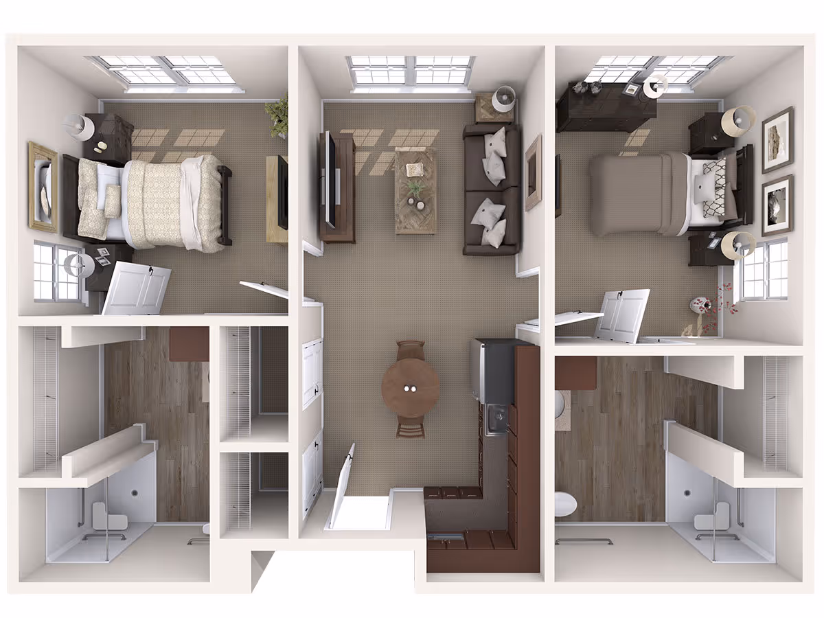Top-down view of a two-bedroom apartment floor plan featuring two bedrooms with beds and nightstands, two bathrooms with showers, a living room with a sofa, coffee table, and TV, and a kitchen area with cabinets and appliances.
