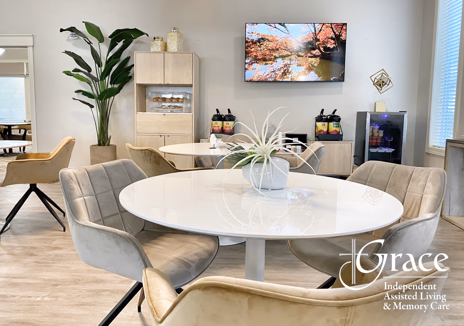 Modern dining area with round white table, beige chairs, and plants.