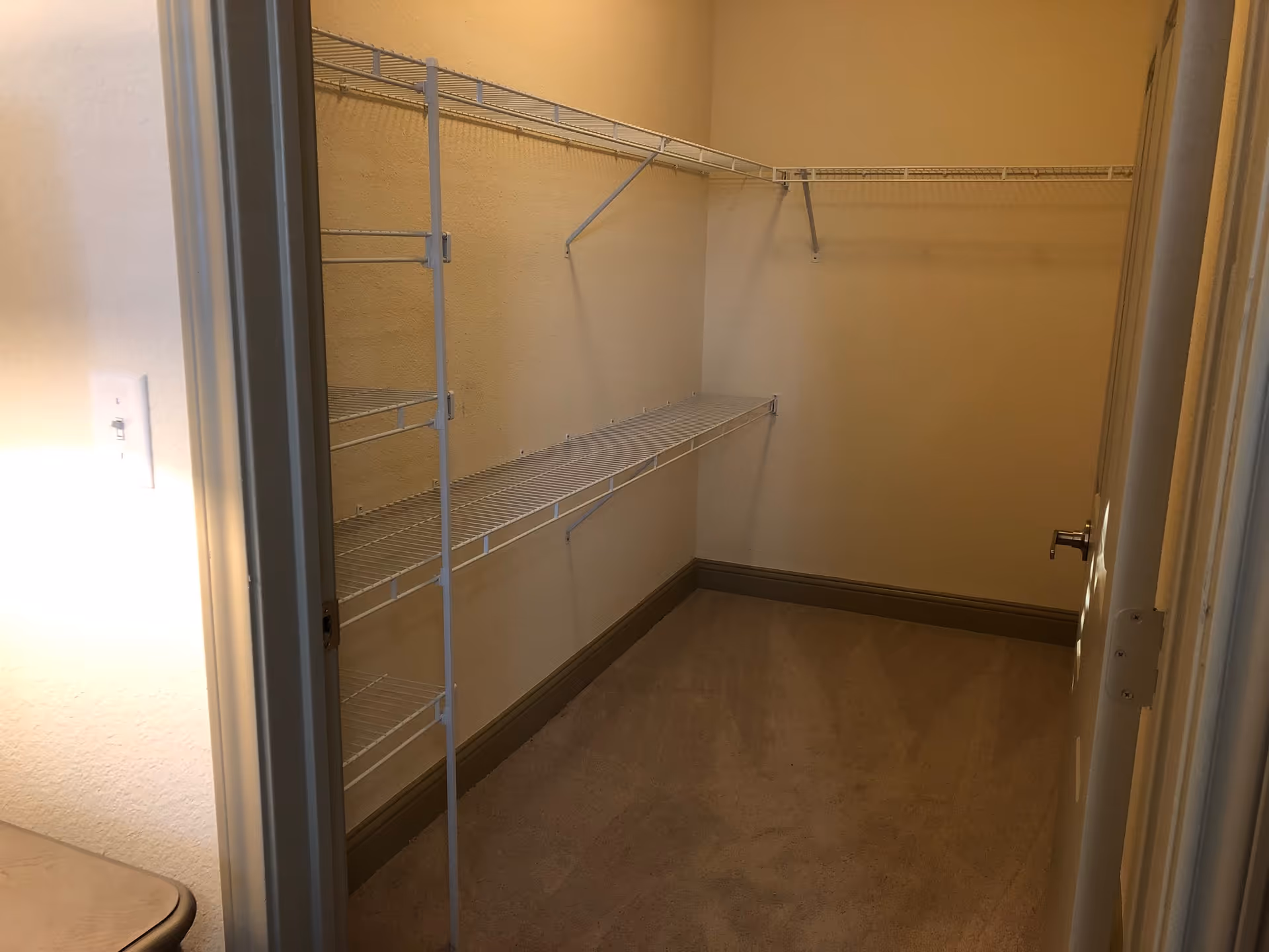 Empty walk-in closet with white wire shelving, beige walls and carpet viewed from the doorway.