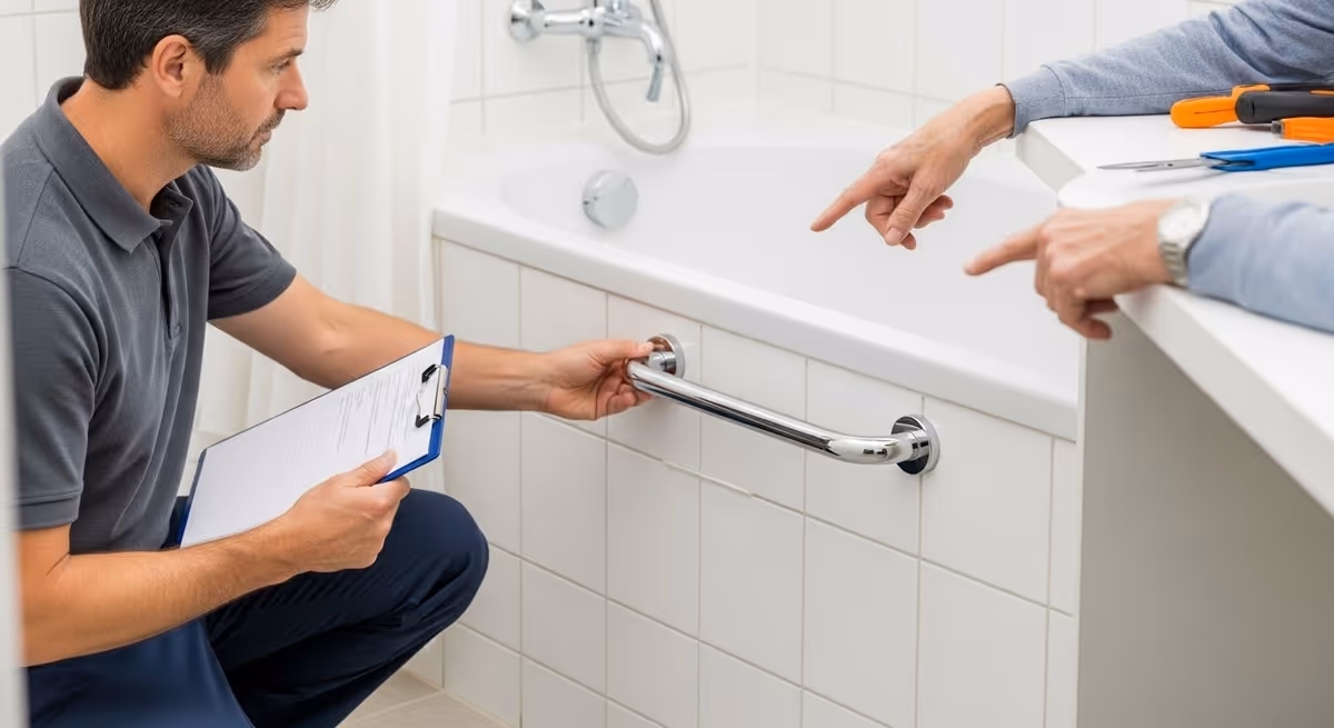 Two adults inspect a bathroom grab bar beside a tiled tub with a clipboard.