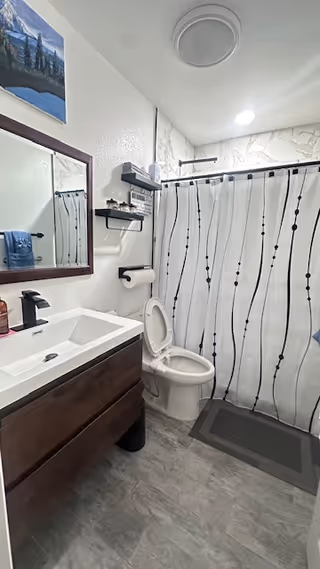 Bathroom features a sink vanity, mirror, toilet, and striped shower curtain.