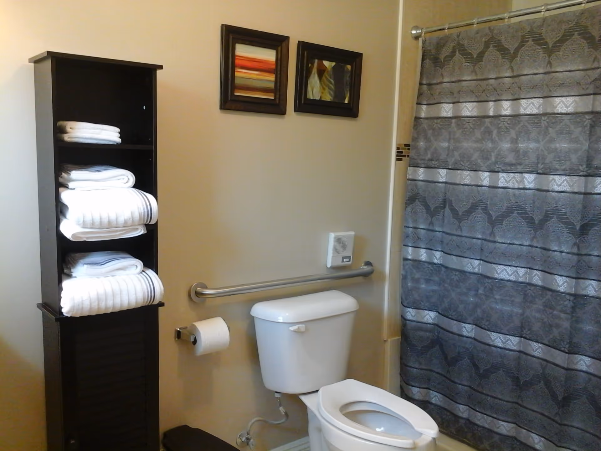 Bathroom with a white toilet, a metal grab bar on the wall behind the toilet, a toilet paper holder with a roll of toilet paper, a tall black shelving unit with folded white towels, two framed pictures on the wall, and a shower with a patterned gray curtain.