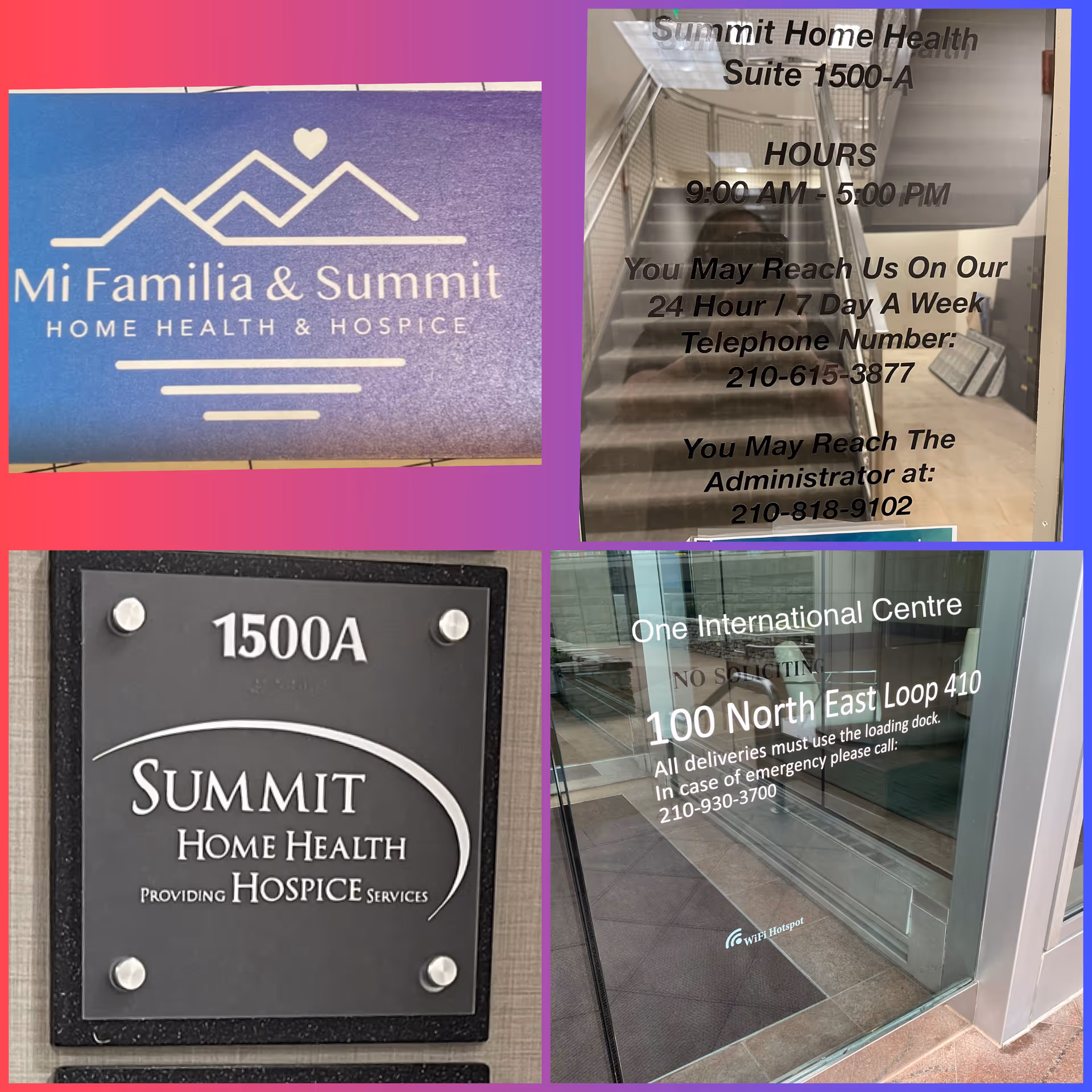 Quadruple-image collage showing Summit Home Health and Hospice signage and entrance exterior.
