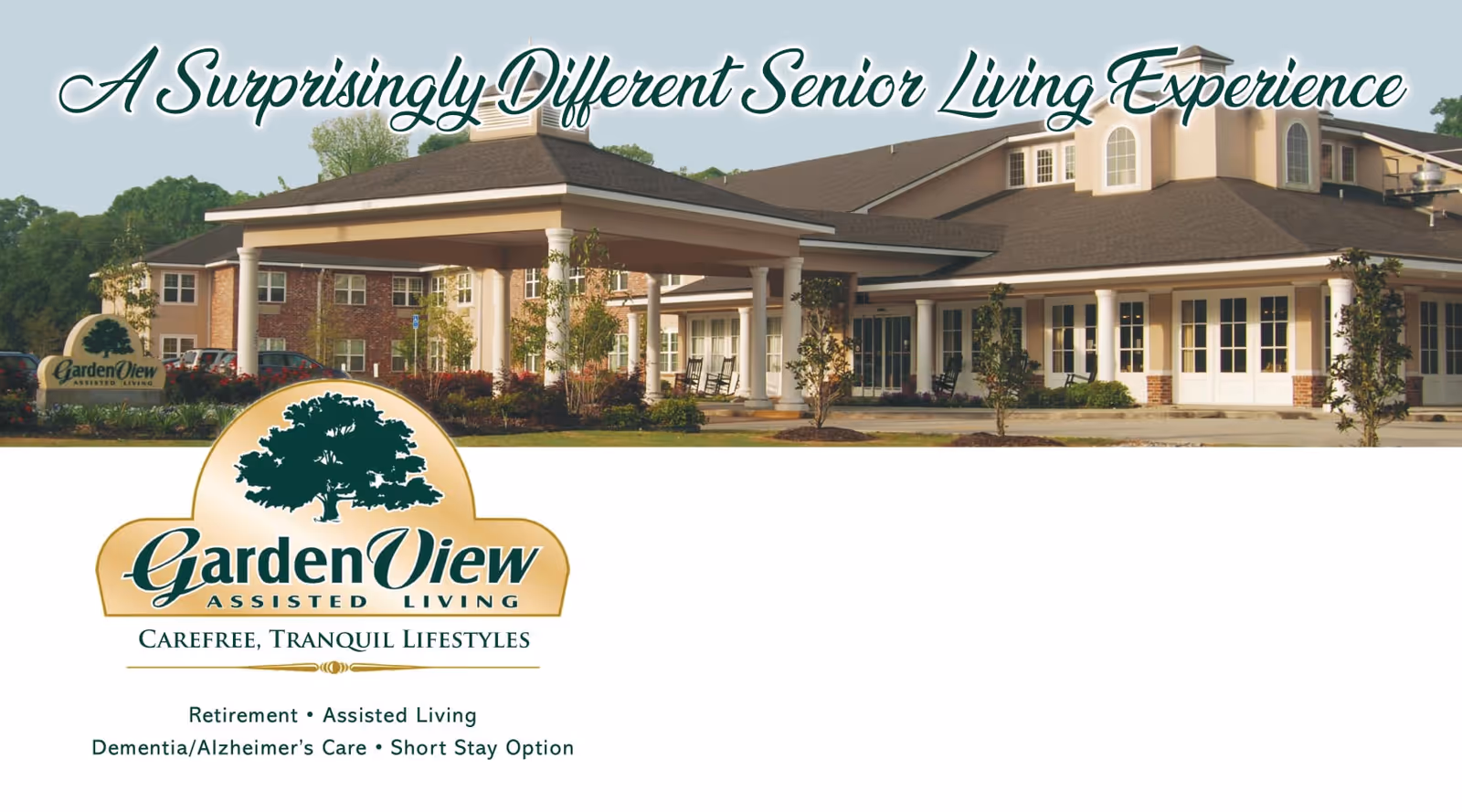 Exterior view of Garden View Assisted Living & Memory Care facility showing a large building with a covered entrance, surrounded by landscaping and trees under a clear sky.