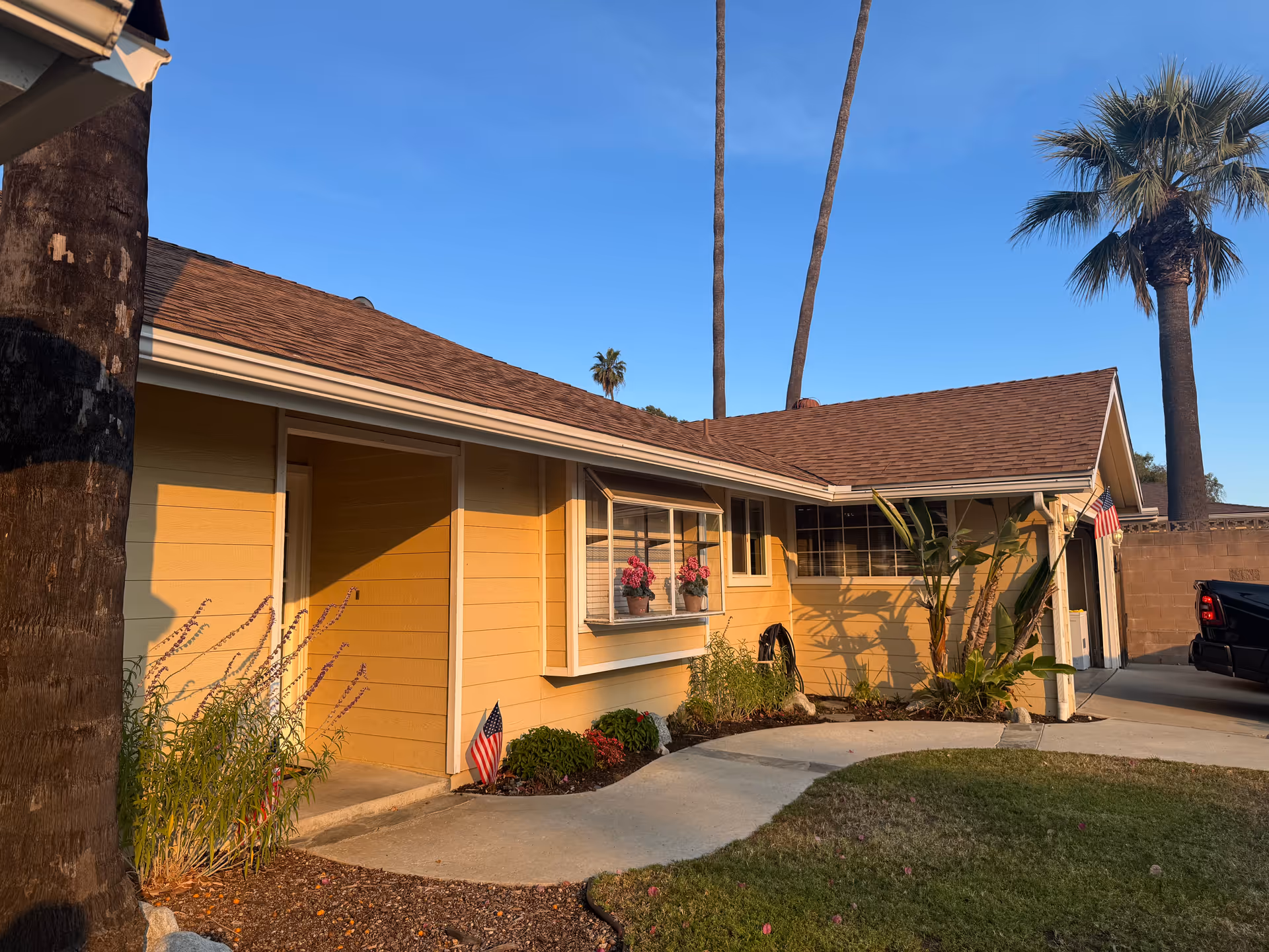 Yellow single-story building exterior with front yard, palm trees, and flags.