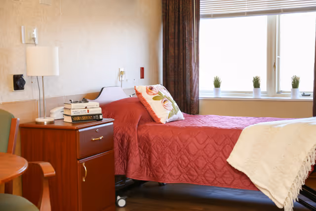Cozy bedroom with a red quilted bed, nightstand, lamp, and potted plants by the window.