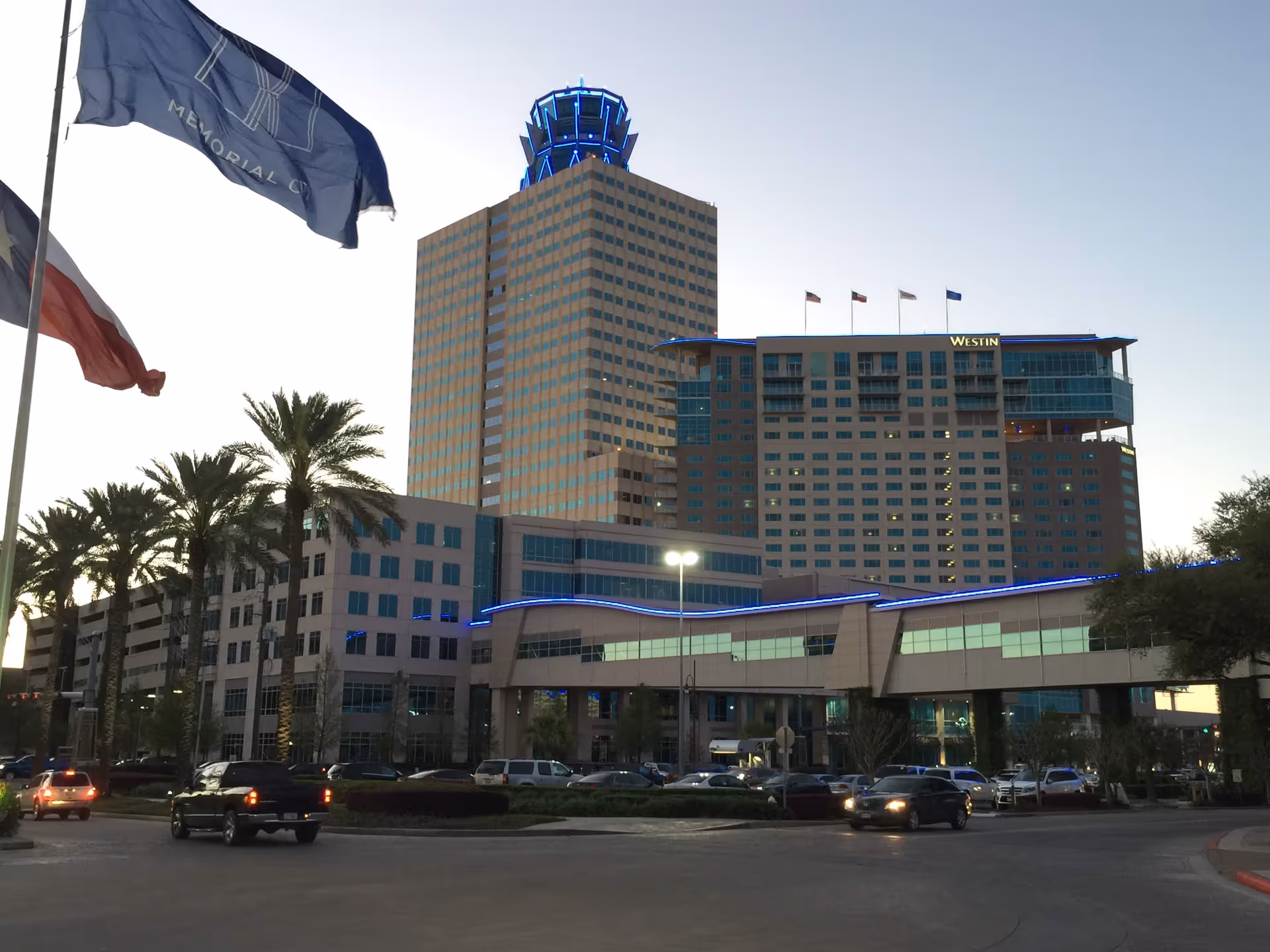 Exterior view of a large hotel-like building with flags and palm trees.