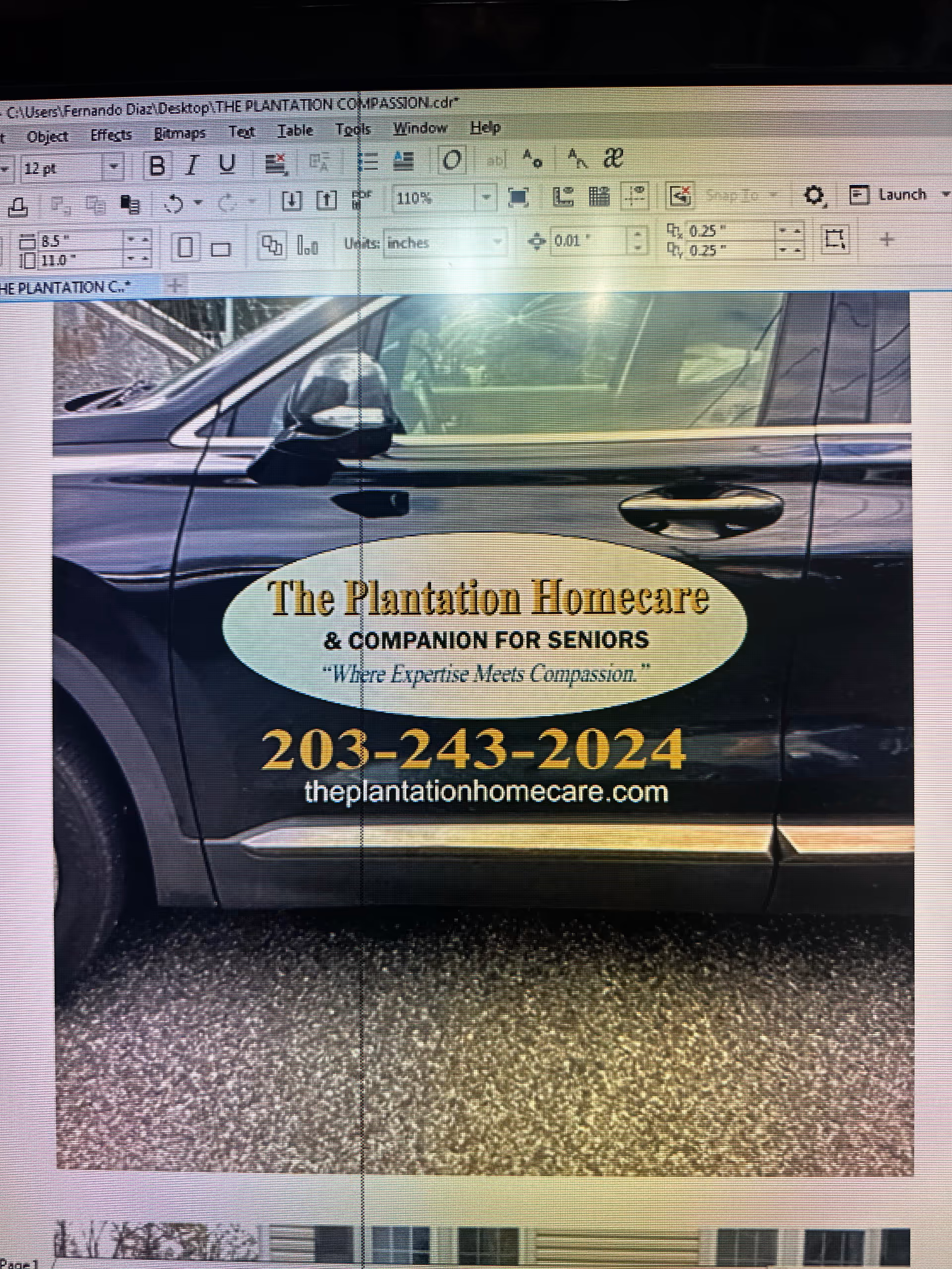 Black van displaying The Plantation Homecare & Companion for Seniors logo and phone number.