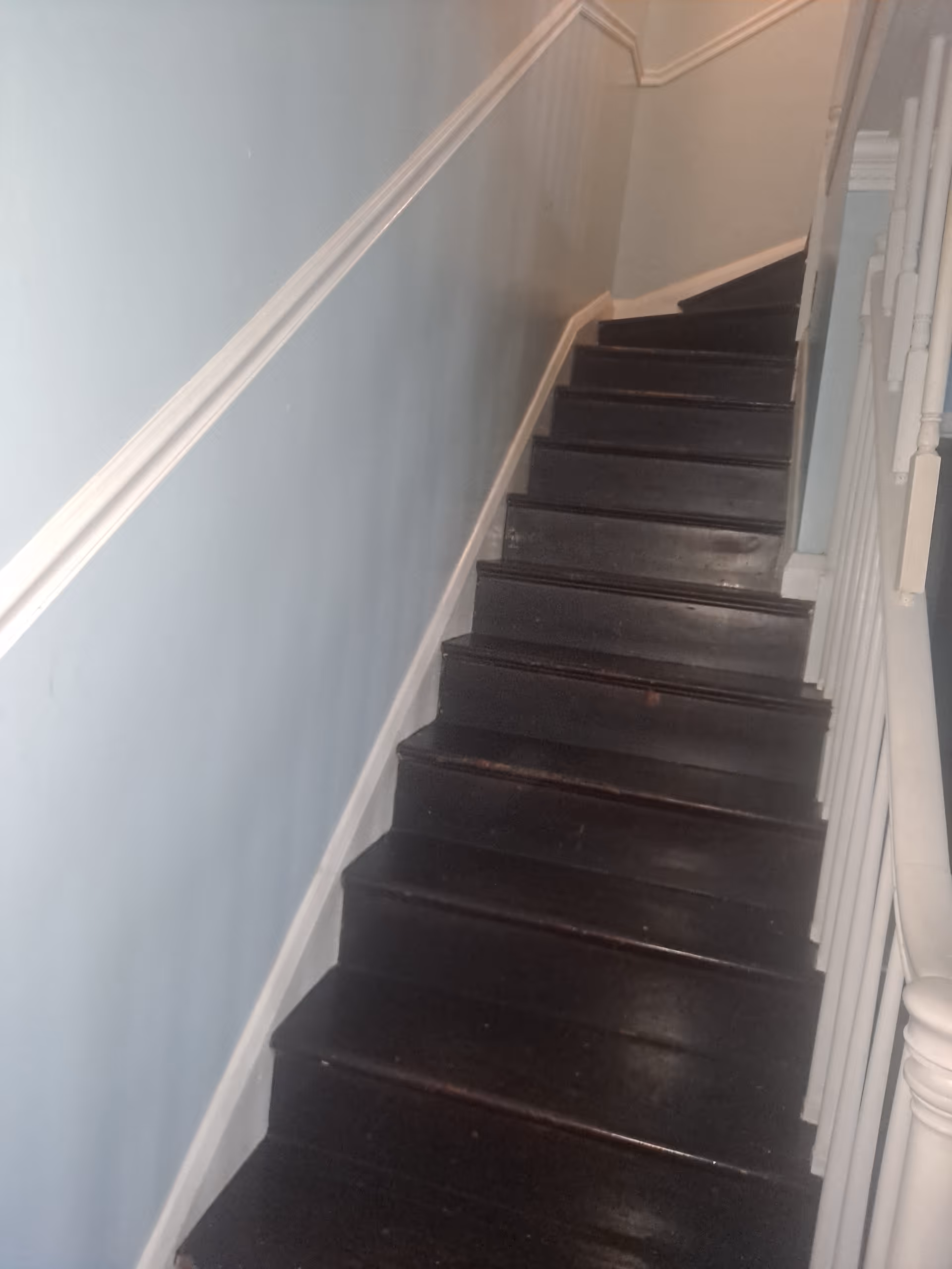 Interior staircase with dark wood steps and pale blue walls.