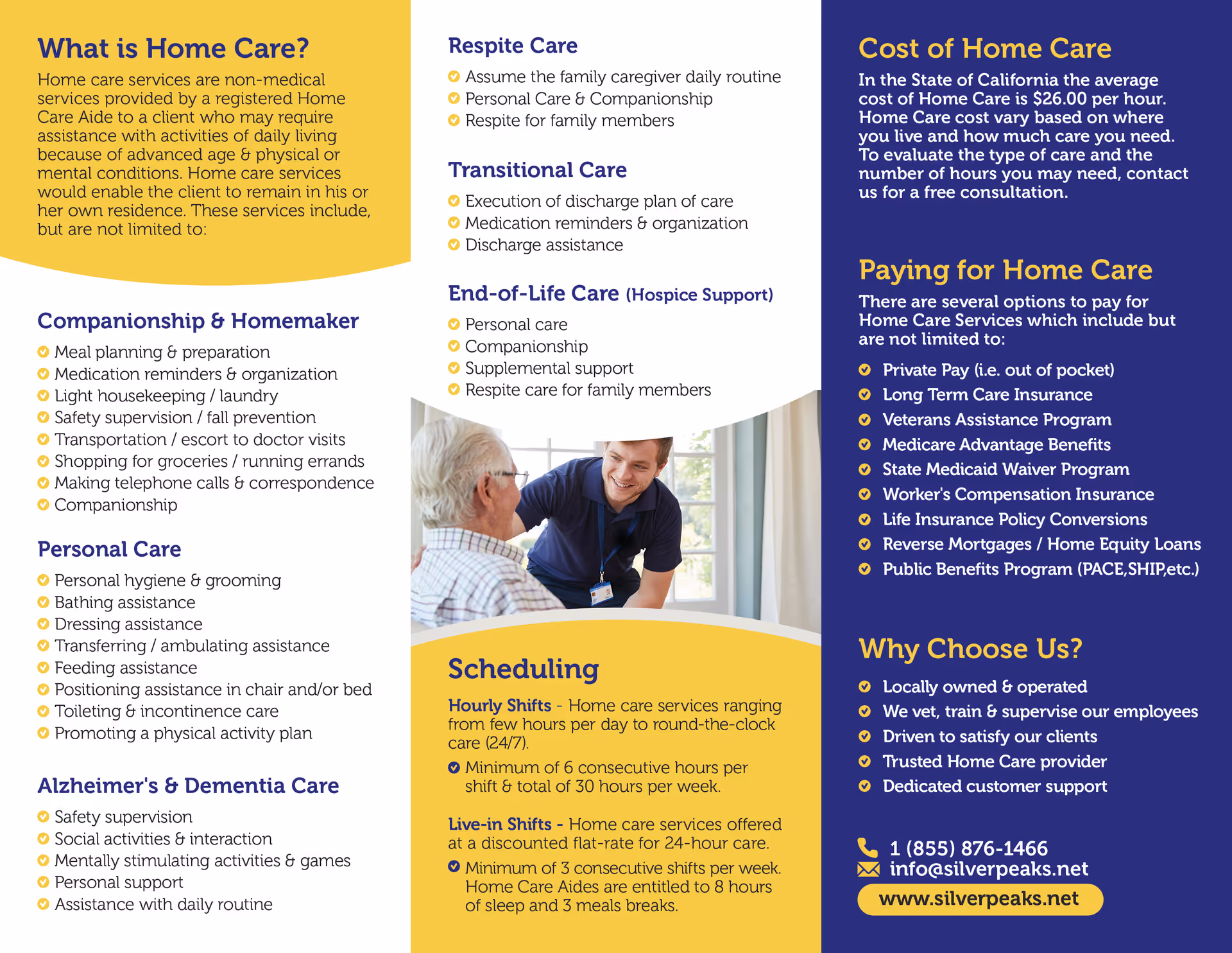 Tri-fold brochure page about home care services, with a caregiver assisting a resident.