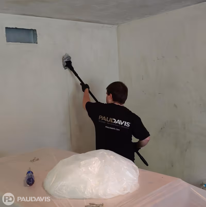 Worker in a Paul Davis shirt sands an interior wall during renovation.