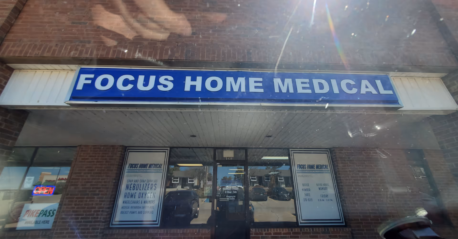 Front view of Focus Home Medical storefront with blue sign and glass entrance.