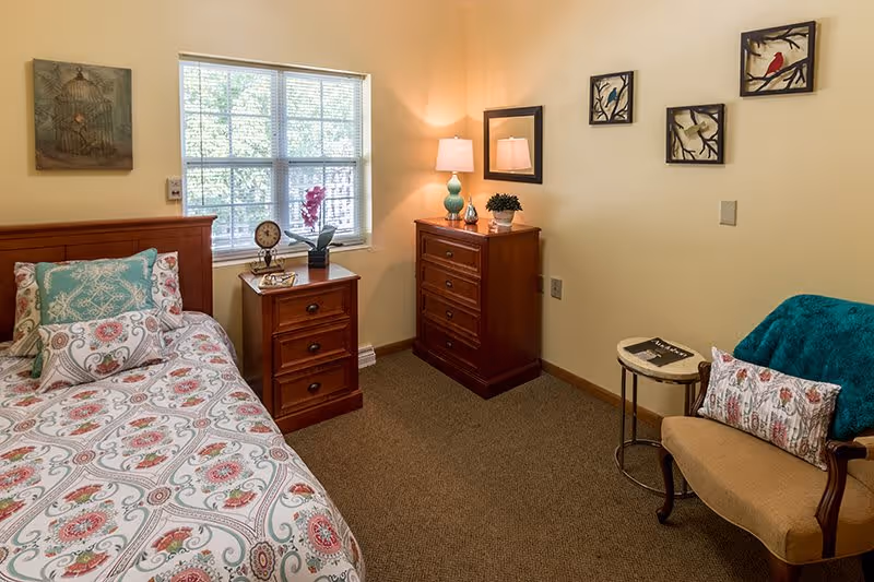 A cozy bedroom with a single bed featuring patterned bedding and multiple pillows. Next to the bed is a wooden nightstand with a clock, a small plant, and a decorative item. A window with blinds allows natural light into the room. Across from the bed is a wooden dresser with a lamp, a small plant, and a mirror above it. On the right side, there is a cushioned armchair with a decorative pillow and a teal throw blanket, next to a small round side table with a magazine on it. The walls are decorated with framed bird artwork and a painting of a birdcage.